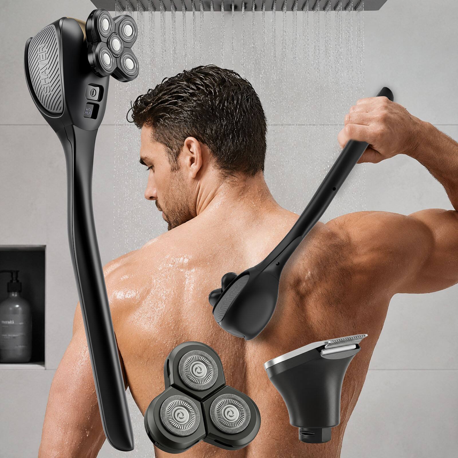 Alt View 3. HATTEKER - 2-in-1 Back & Bald Head Grooming Kit, 5D Rotary Shaver with Detachable Auxiliary Handle.