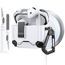Dteck - Case for Apple AirPods 4th Gen with Magnetic Lock,Compatible with Mag Safe,Carbon Fiber Texture Cover with Carabiner - White