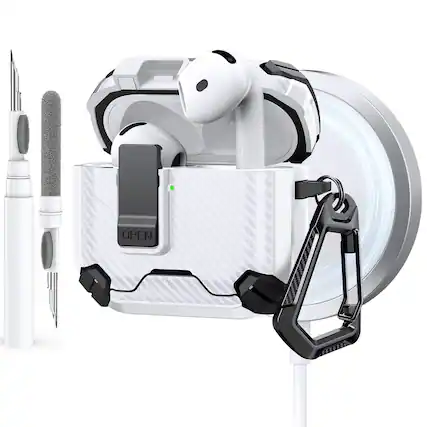 Front. Dteck - Case for Apple AirPods 4th Gen with Magnetic Lock,Compatible with Mag Safe,Carbon Fiber Texture Cover with Carabiner - White.