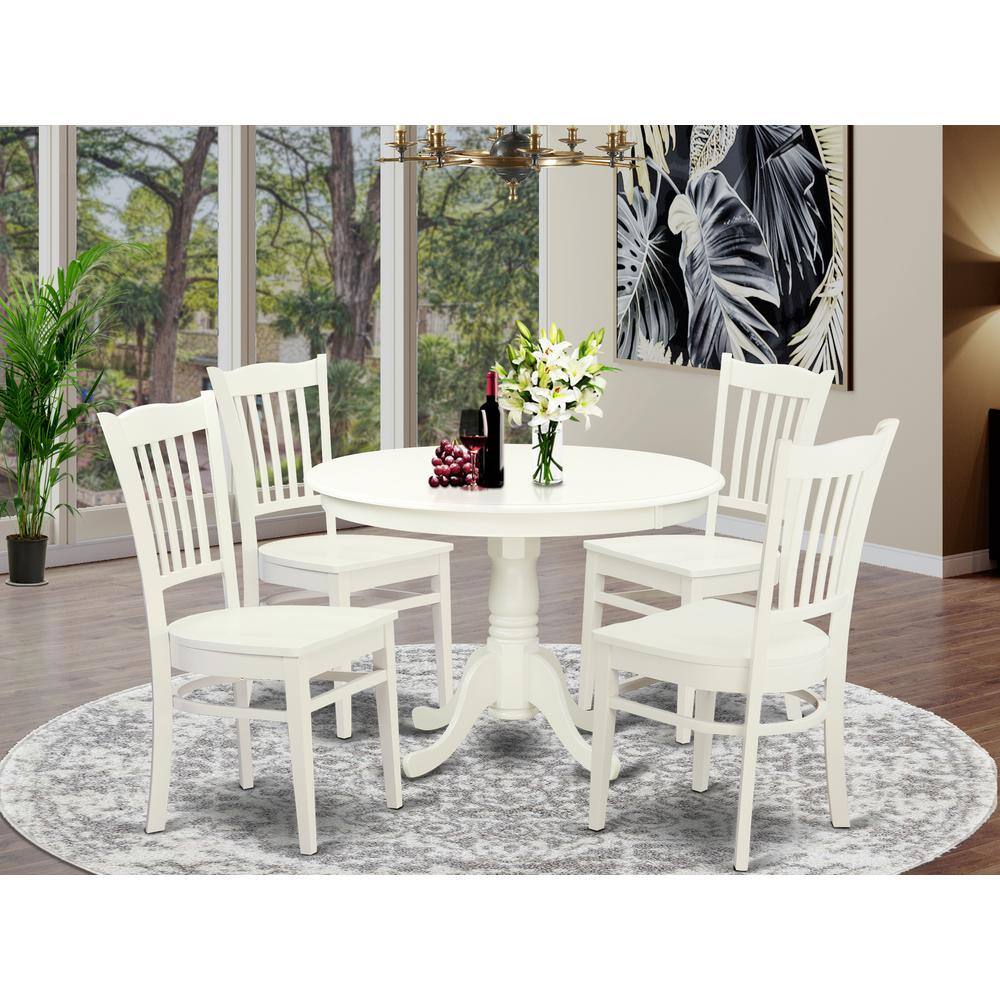 Back. East West Furniture - 5 Pc set with a Round Kitchen Table and 4 Wood Dinette Chairs in Linen White - Linen White.