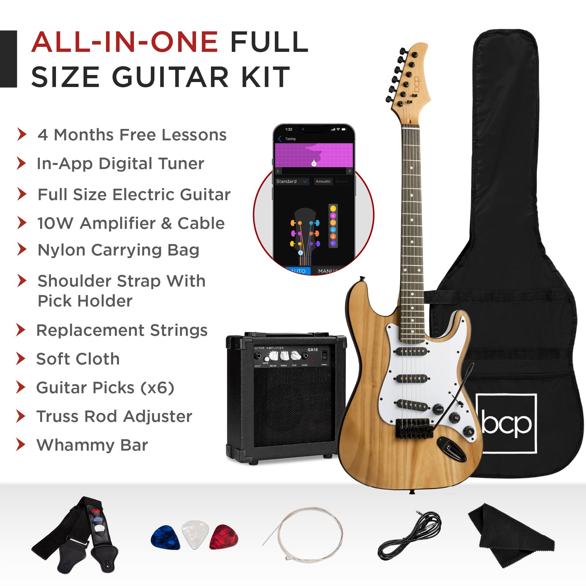 ALL-IN-ONE FULL SIZE GUITAR KIT

- 4 Months Free Lessons
- In-App Digital Tuner
- Full Size Electric Guitar
- 10W Amplifier & Cable
- Nylon Carrying Bag
- Shoulder Strap With Pick Holder
- Replacement Strings
- Soft Cloth
- Guitar Picks (x6)
- Truss Rod Adjuster
- Whammy Bar