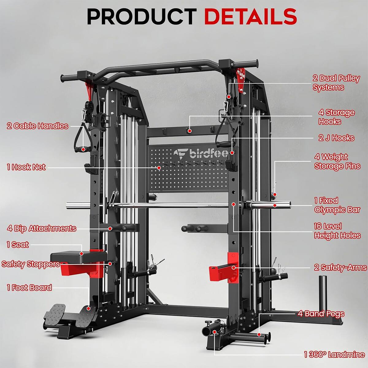 Pooboo Power Cage Smith Machine with Cable Crossover, Lat Pulldown ...