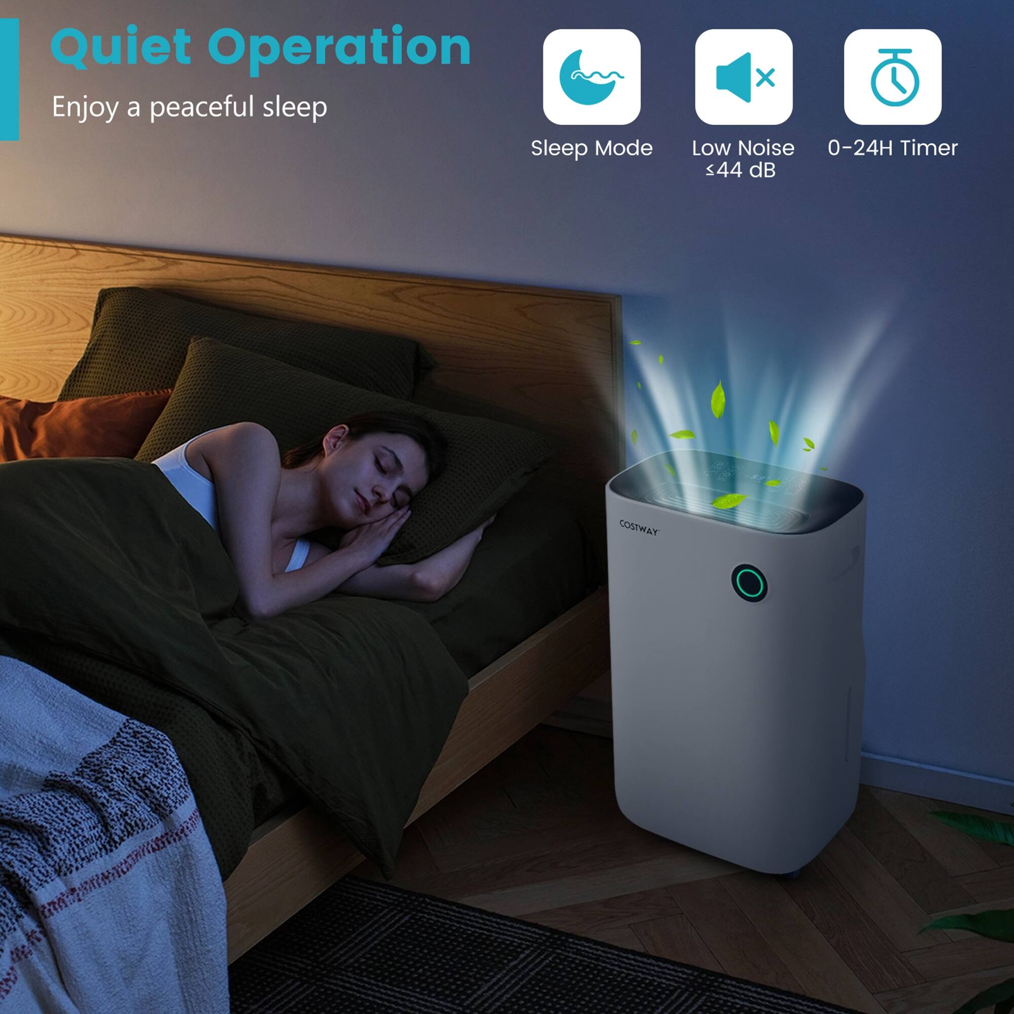 Quiet Operation: Enjoy a peaceful sleep. Sleep Mode: Low Noise 0-24H Timer. 44 dB COSTWAY.