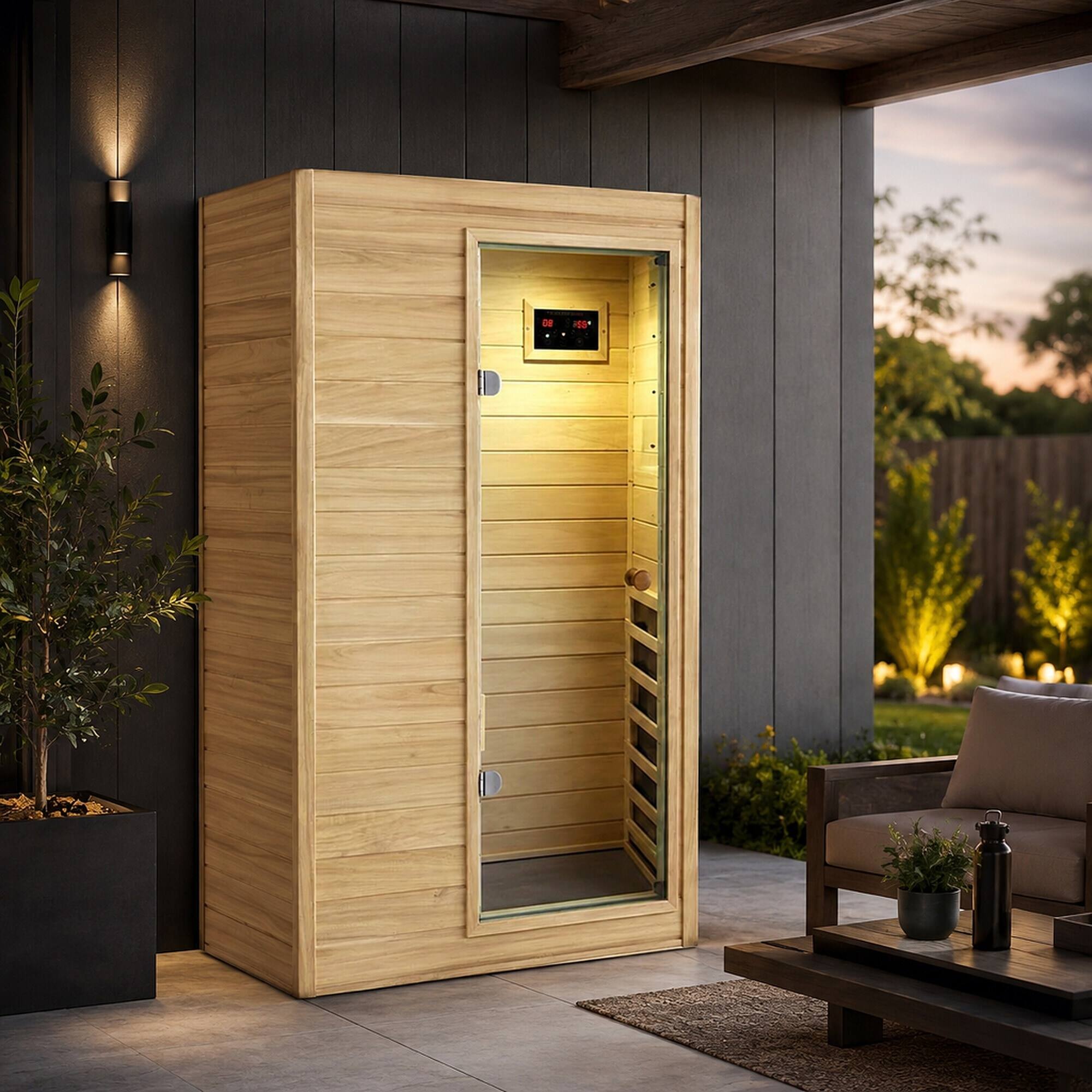 Angle. RYHNUYNE - Far Infrared Sauna Room, 36.61 x 29.33 x 62.99 in, European Aspen Wood, 5 Heating Panels, 905W, Bluetooth Speaker - Natural Wood.