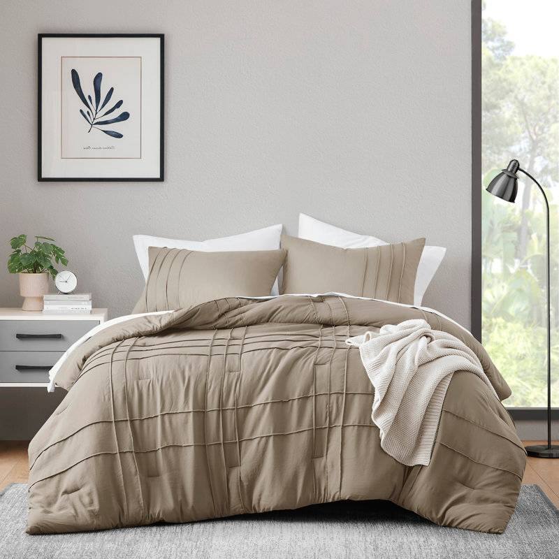 Front. Hivvago - King size Microfiber Pleated Soft Lightweight Comforter Set Tan Khaki Taupe - Tan, Khaki, Taupe.