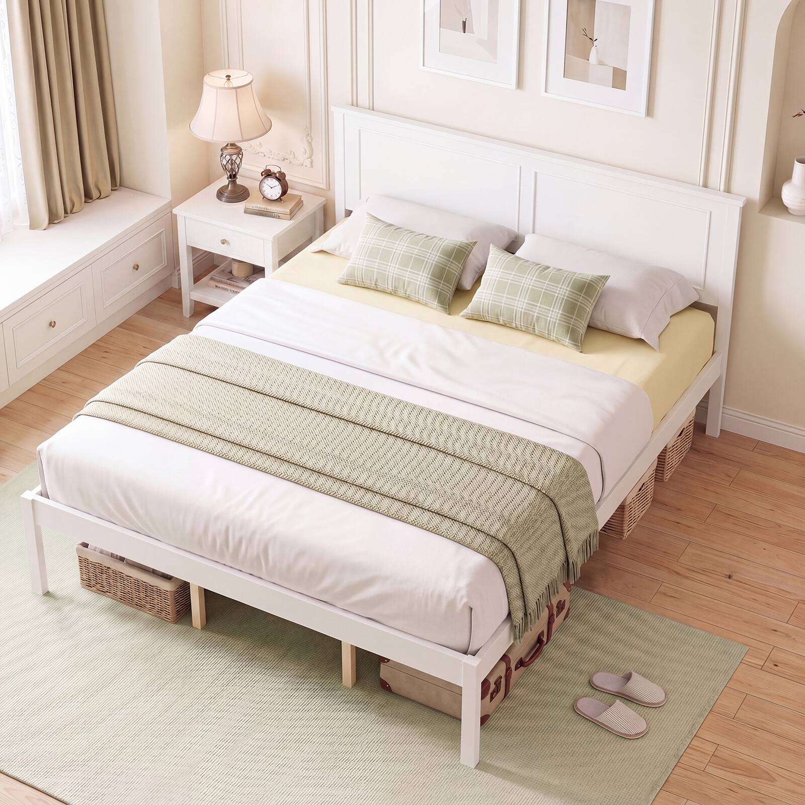 Alt View 1. Gymax - Gymax Queen Size Bed Frame Farmhouse Wooden Platform Bed w/Headboard Under-Bed Storage - White.