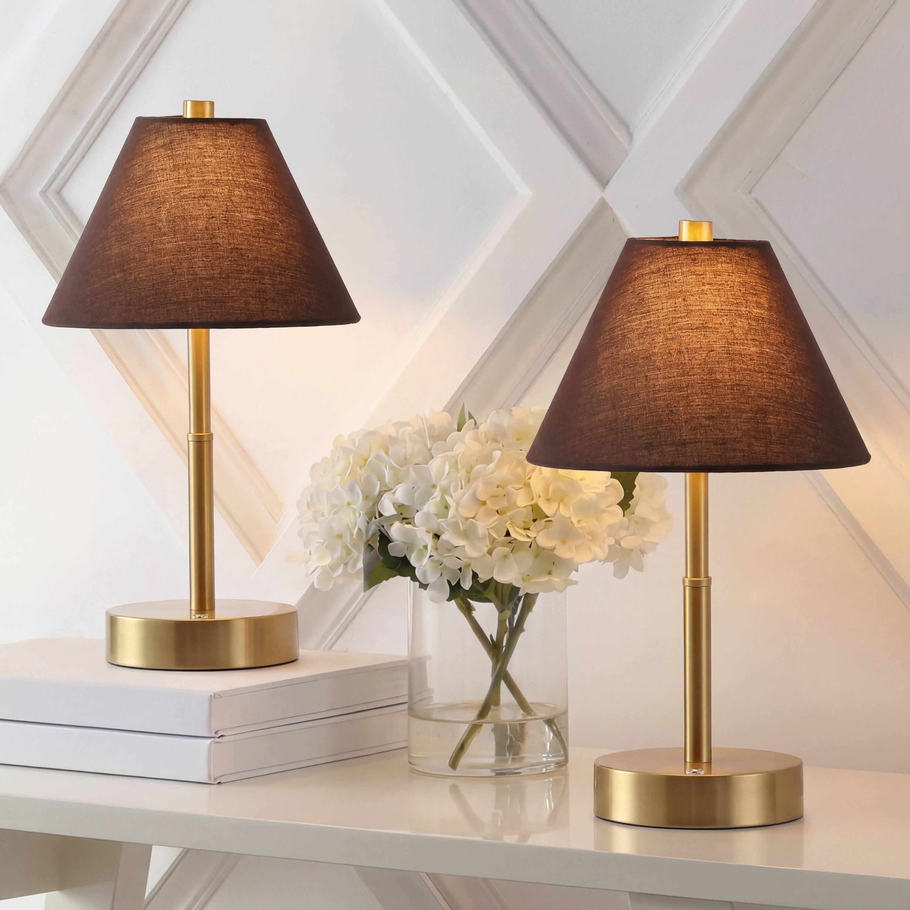 Alt View 1. Jonathan Y - Cordelia 11.13" Metal Candlestick Rechargeable Table Lamp Set of 2 Brass Gold with Brown Shade and Touch Sensor Dimmer - Brass Gold.