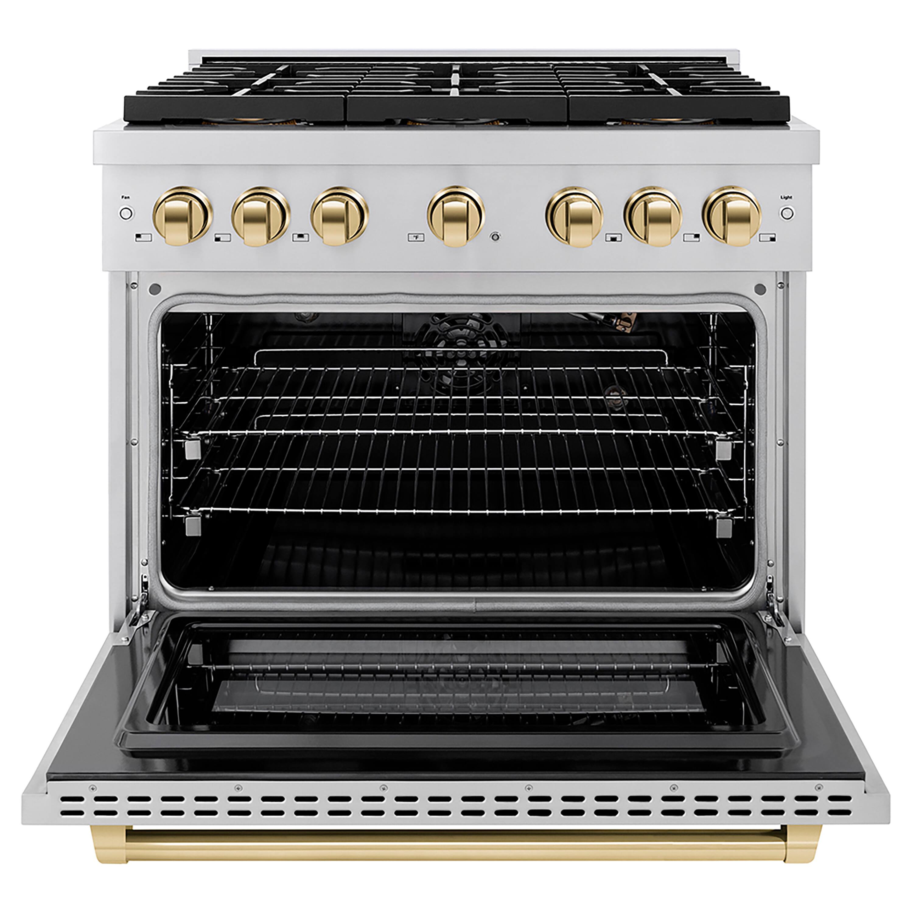Angle. ZLINE - ZLINE Autograph 36 in. Paramount Gas Range with 6 Burner DuoPro Cooktop & Polished Gold Accents (PSGRZ-36-G) - Stainless Steel.