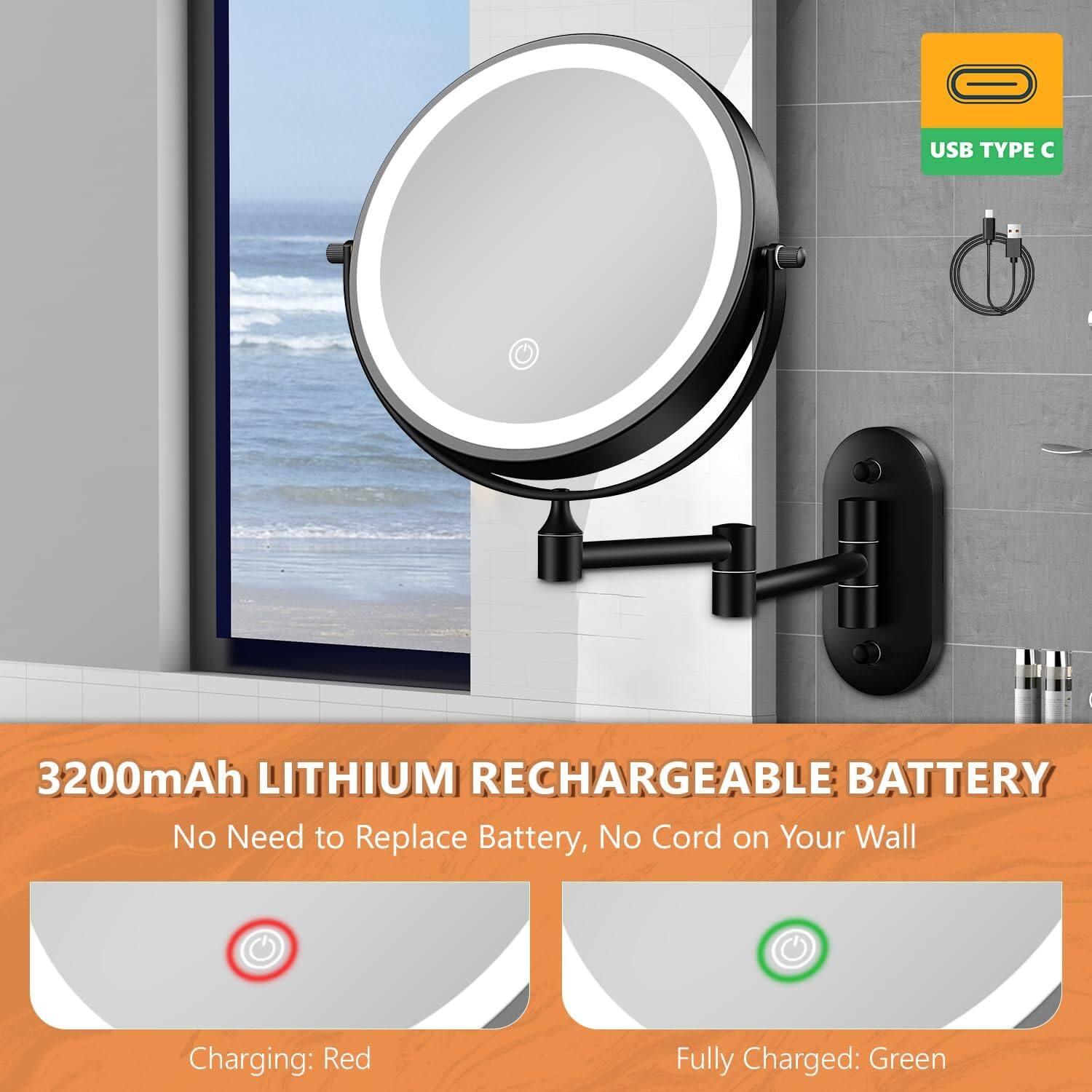 USB TYPE C

3200mAh LITHIUM RECHARGEABLE BATTERY  
No Need to Replace Battery, No Cord on Your Wall

Charging: Red  
Fully Charged: Green