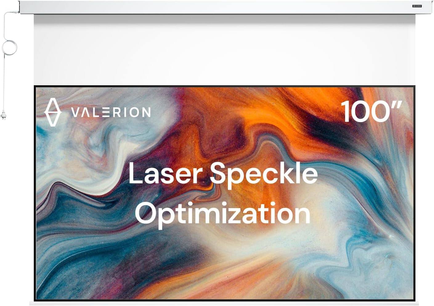 Valerion - 100" PureVision Motorized Projector Screen, 4K/8K UHD Ready, 20" Adjustable Drop, Black Backing, Long Throw Only - Matte White