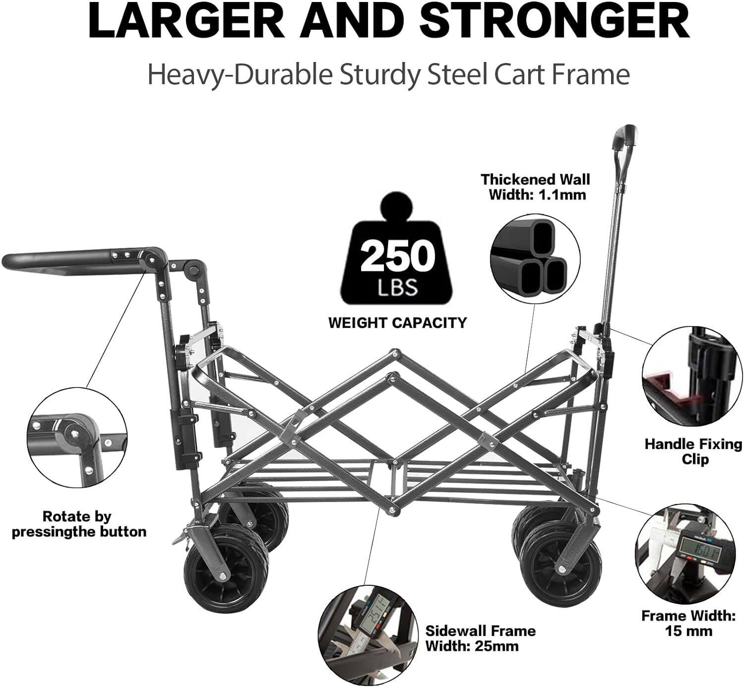 Larger and Stronger Heavy-Durable Sturdy Steel Cart Frame

Thickened Wall Width: 1.1mm

250 LBS WEIGHT CAPACITY

Handle Fixing Clip

Rotate by pressing the button

Sidewall Frame Width: 25mm

Frame Width: 15 mm