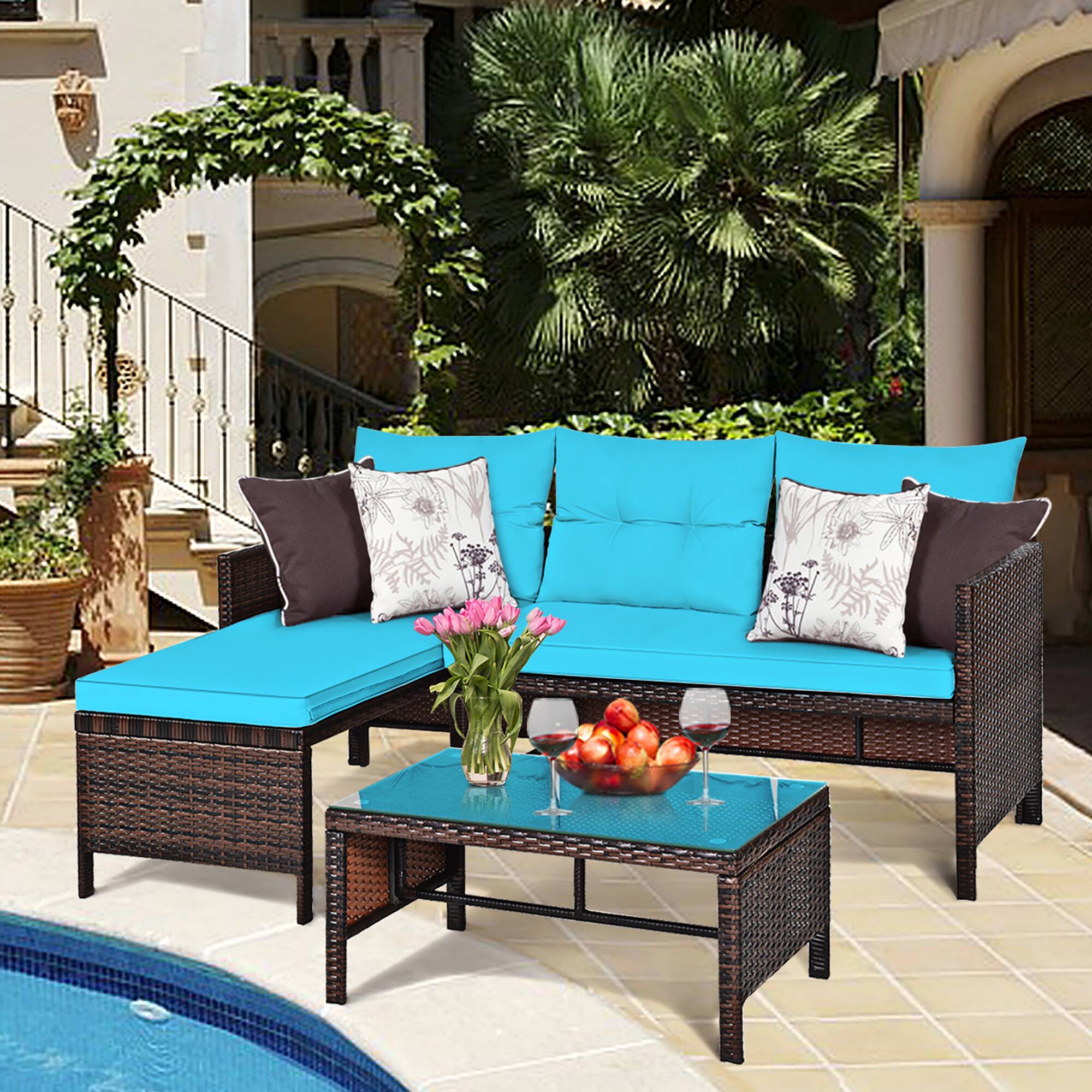 Alt View 3. Costway - Costway 3PCS Patio Wicker Rattan Sofa Set Outdoor Sectional Conversation Set - Blue.