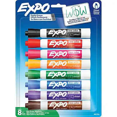 Sure, here is the corrected and grouped text from the image:
**Top Left:**
- EXPO
- Easily Erases
- Se Borra con Facilidad
- Efface Facilement
**Top Right:**
- WOW
- Our New Chisel Tip Eraser
- Notre Nouvelle Pointe à Effacer
- La Pus Nueva Puntita de Borrado
**On the Markers:**
- EXPO
- dry erase
- low odor
- chisel
**Bottom Left:**
- CONT. 8
- Dry Erase Markers in a Set
- Sec PCAS Mrqueurs PIAL Marcadores Borrables
**Bottom Right:**
- BOSTEA
