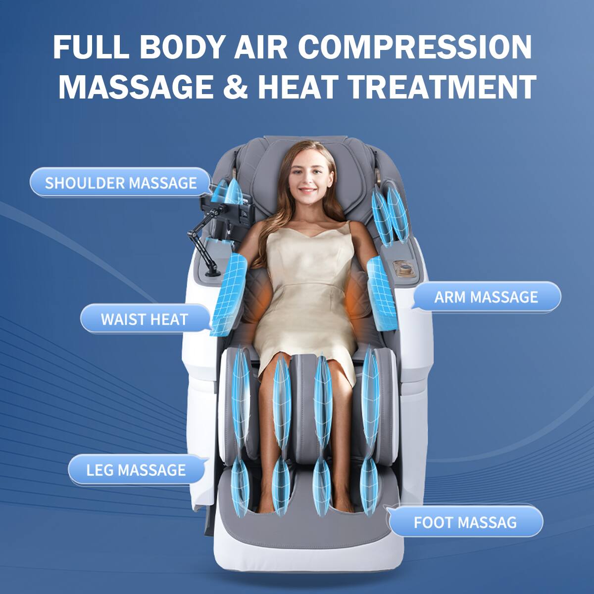 FULL BODY AIR COMPRESSION MASSAGE & HEAT TREATMENT

- SHOULDER MASSAGE
- WAIST HEAT
- ARM MASSAGE
- LEG MASSAGE
- FOOT MASSAGE