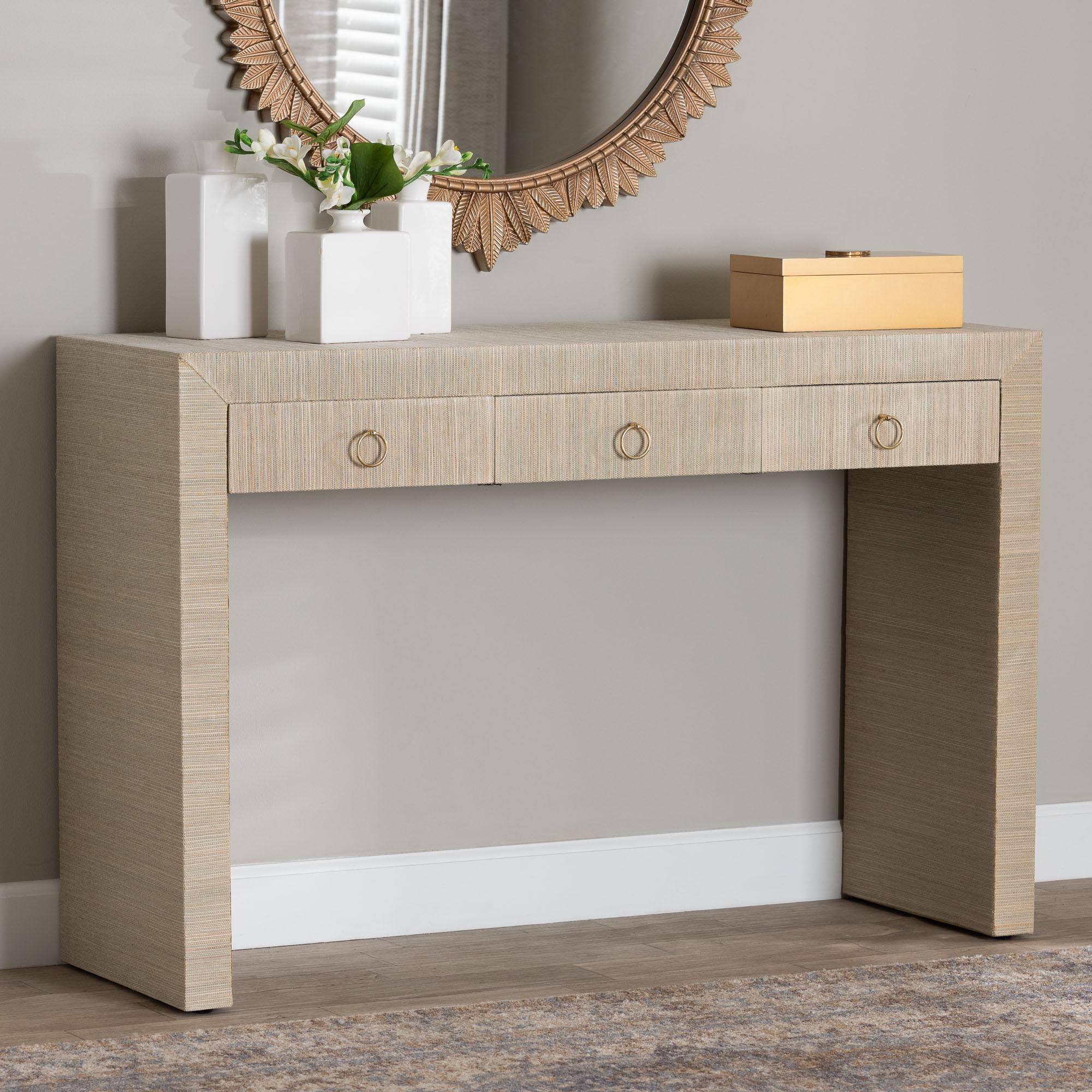 Alt View 5. bali & pari - Cielo Bohemian Woven Grasscloth 3-Drawer Console Table - Natural/Gold.