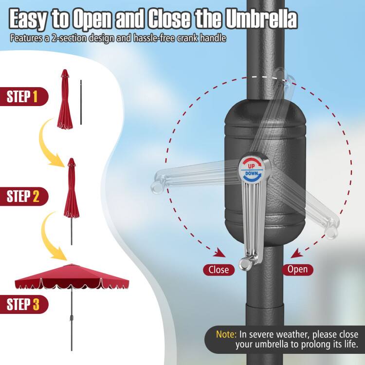 Easy to Open and Close the Umbrella  
Features a 2-section design and hassle-free crank handle  

STEP 1  
STEP 2  
STEP 3  

Note: In severe weather, please close your umbrella to prolong its life.