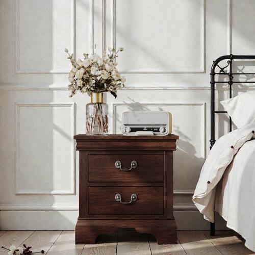 Alt View 1. LUCKY ONE - 22" Assembled Classic Wooden Nightstand 2-Drawer Antique Pulls - Cherry.