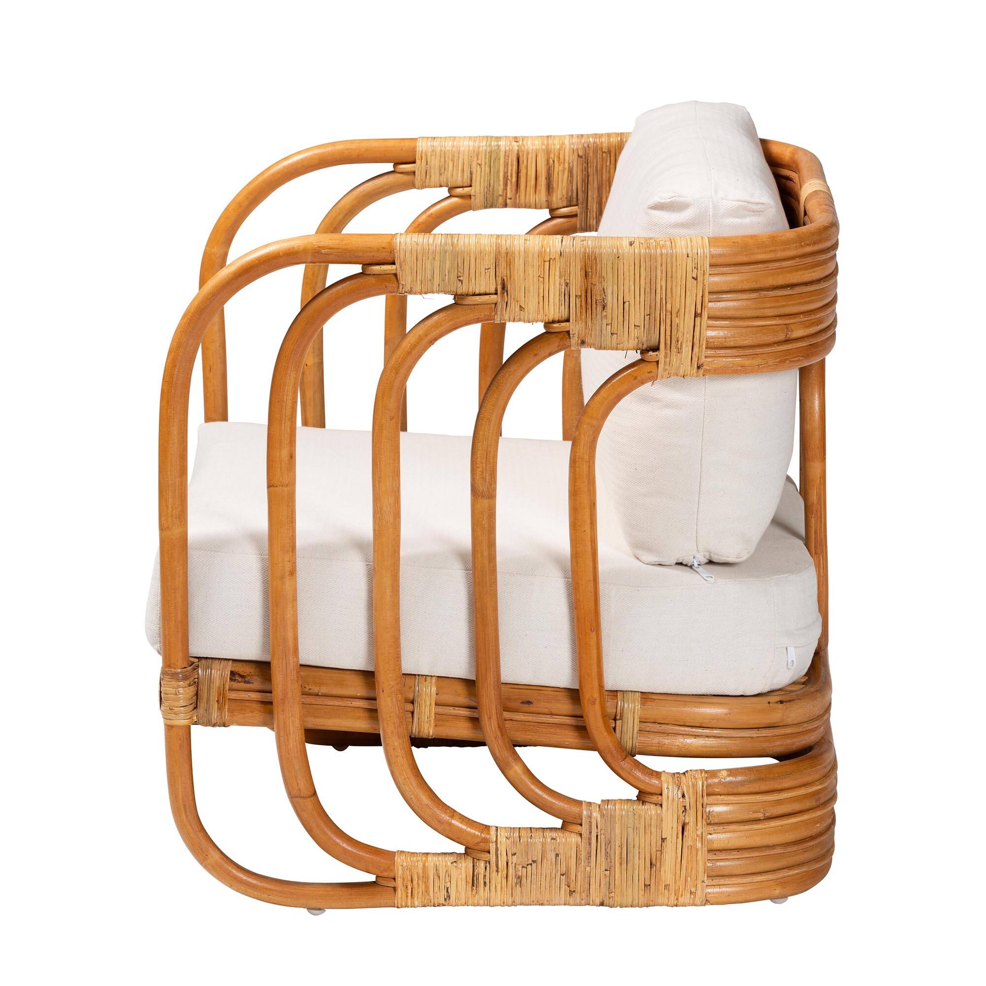 Left. bali & pari - Corsa Modern Bohemian Natural Rattan Arm Chair - Light honey/White.