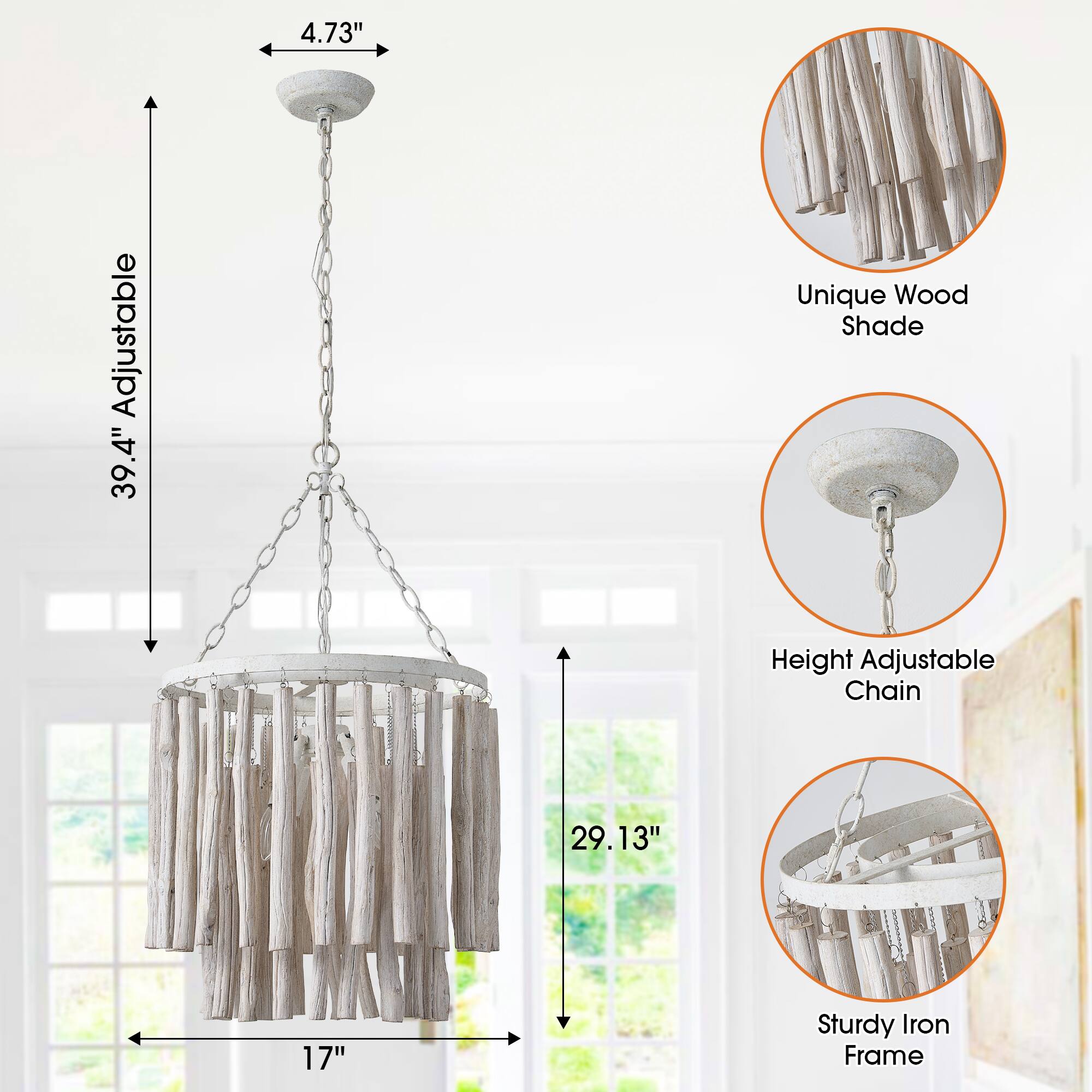 4.73" Adjustable  
39.4" Unique Wood Shade  
Height Adjustable Chain  
29.13" Sturdy Iron Frame  
17"