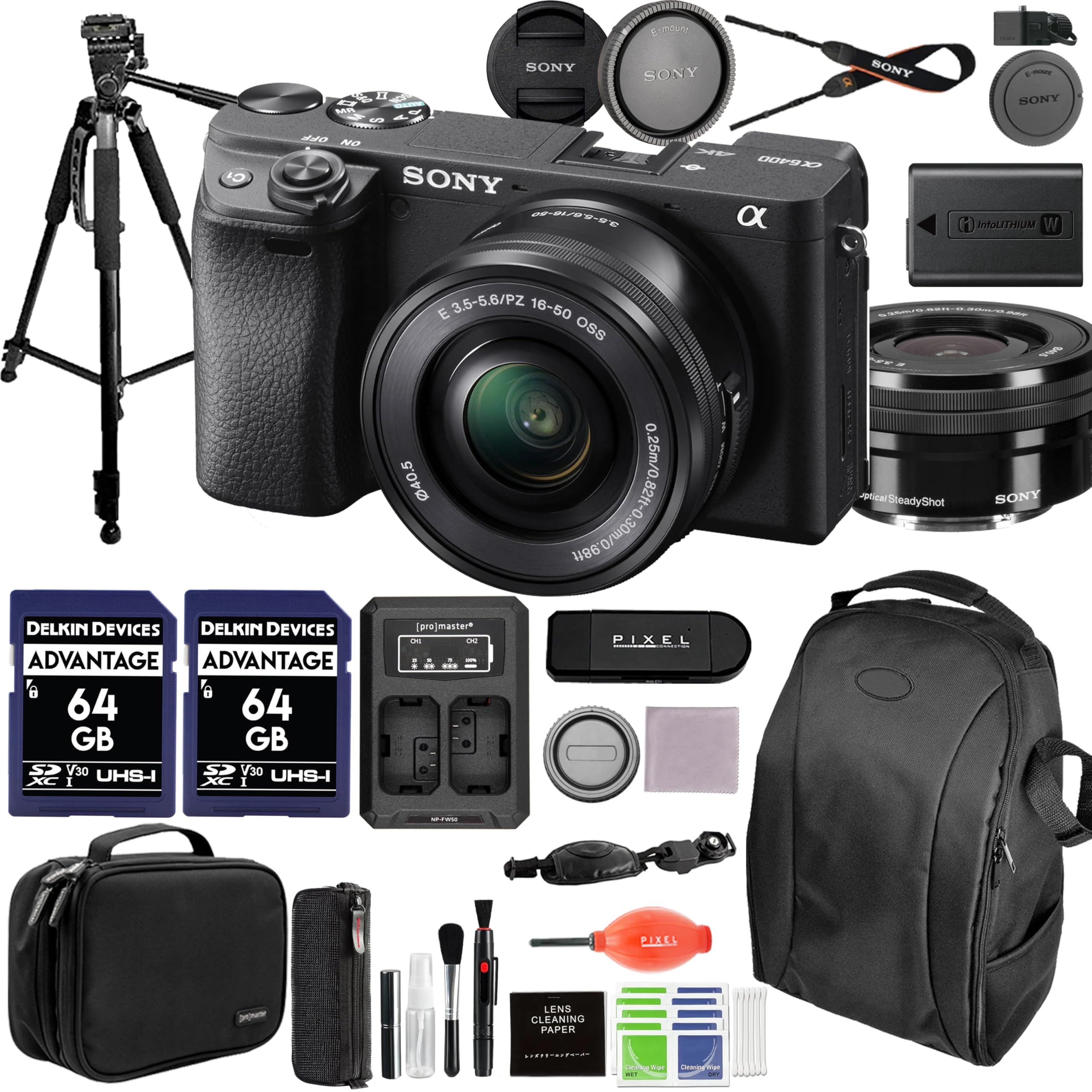 Bundle- Sony- a6400 Mirrorless Digital Camera with 16-50mm Lens with Dually Charger, Backpack, Tripod, + More