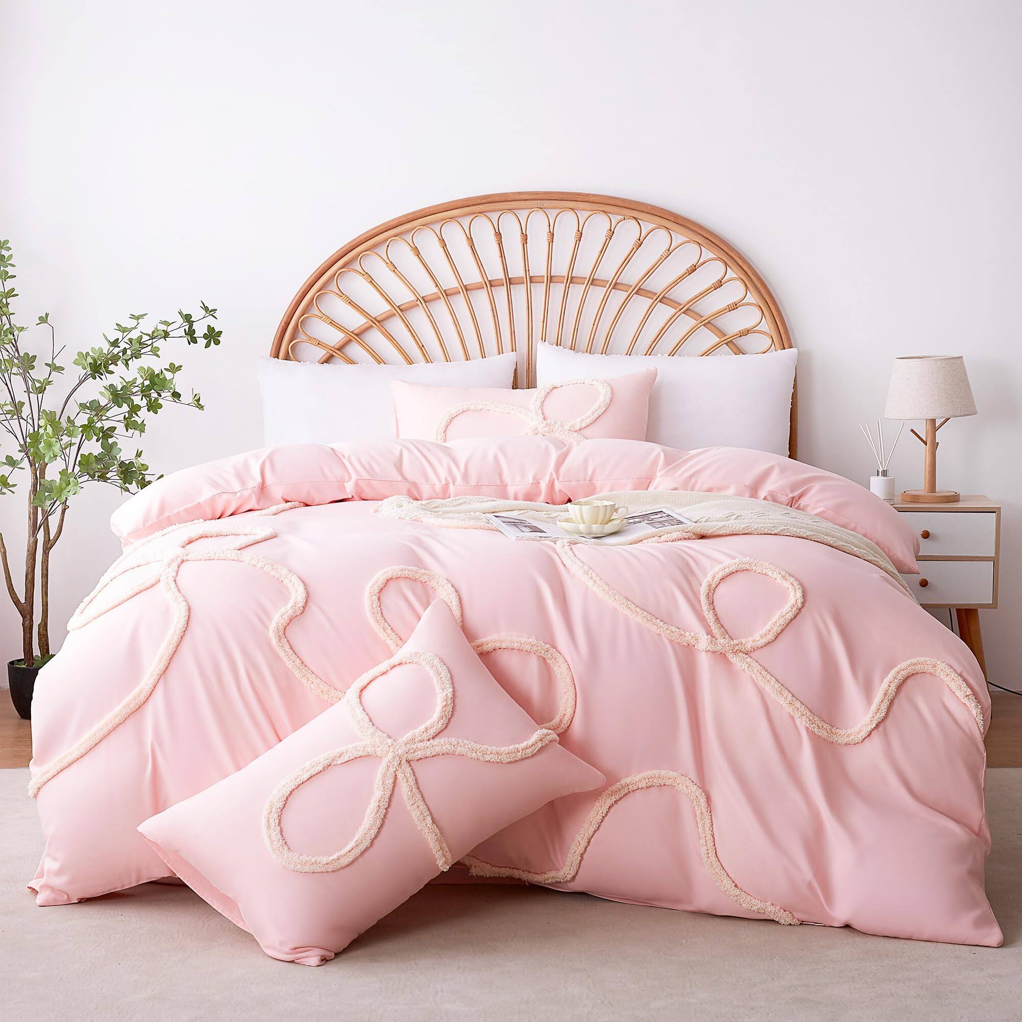 PO3TICJUNKI3 - Duvet Cover 3 Pieces Covers Set Boho Tufted Comforter Sets With Zipper Closur Soft Breathable Floral Bedding - Ribbon-pink-Queen