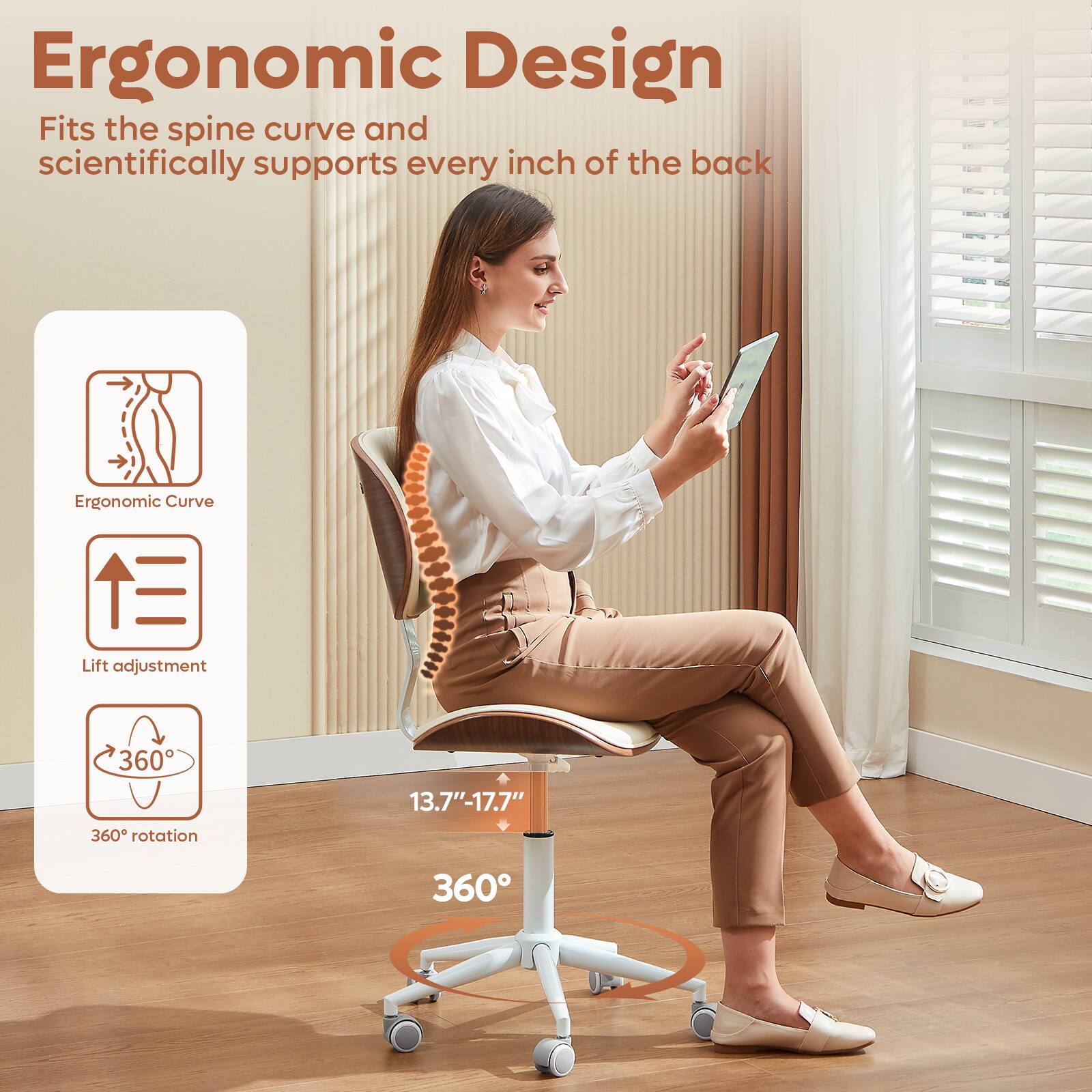 Bestier - Cross-Legged Bentwood Office Chair - Armless Ergonomic Design, Adjustable Height with Lumbar Support, PU Leather - White - Thumbnail 2