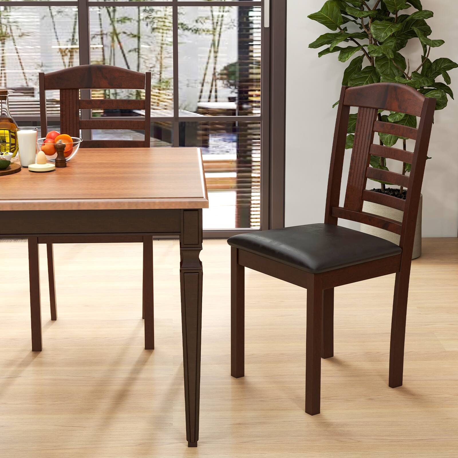 Angle. Costway - Dining Chair Set of 2 with Faux Leather Upholstered Seat & Rubber Wood Frame - Oak + Brown.