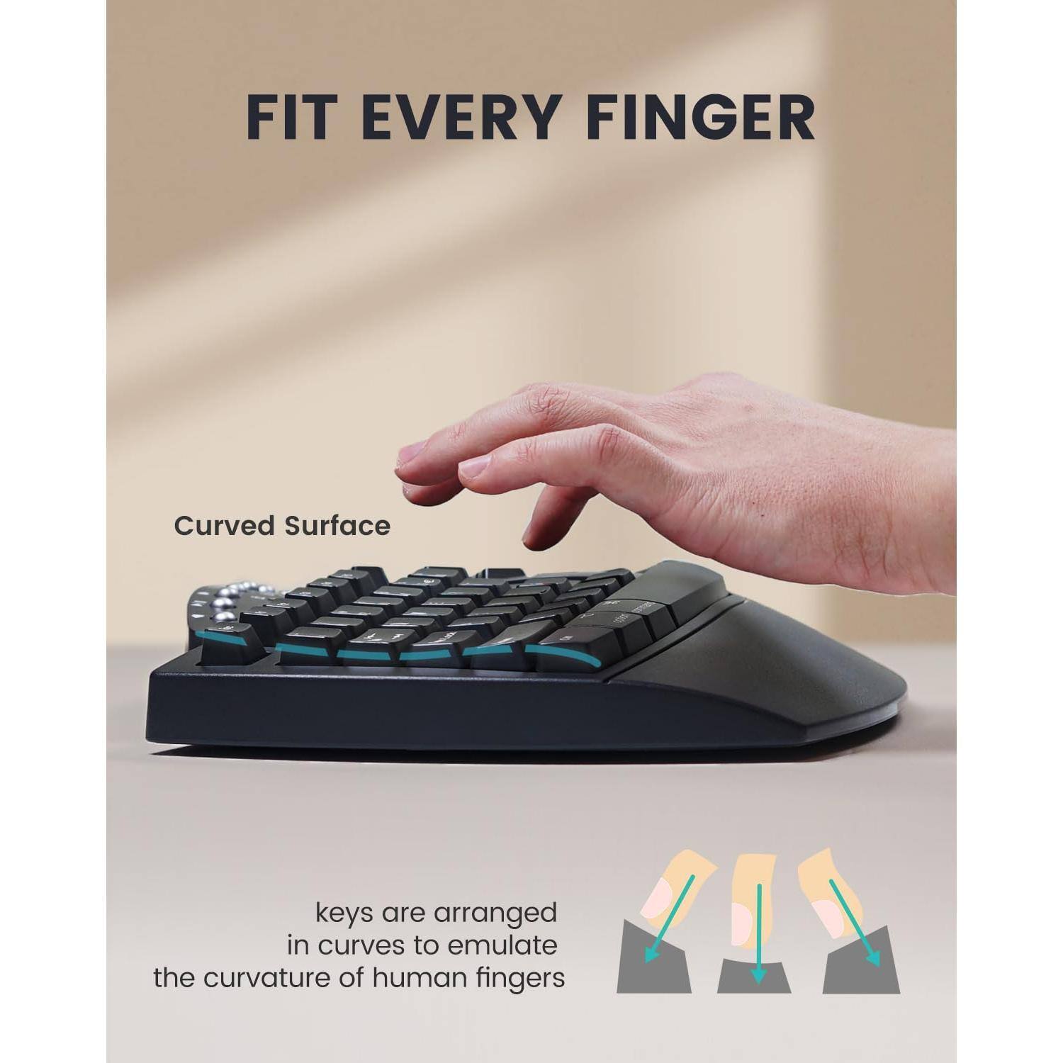 FIT EVERY FINGER

Curved Surface

keys are arranged in curves to emulate the curvature of human fingers