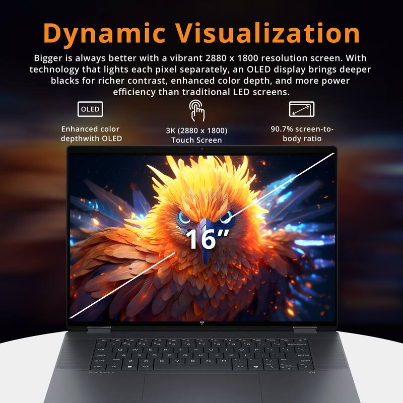 Dynamic Visualization

Bigger is always better with a vibrant 2880 x 1800 resolution screen. With technology that lights each pixel separately, an OLED display brings deeper blacks for richer contrast, enhanced color depth, and more power efficiency than traditional LED screens.

- OLED
- Enhanced color depth with OLED
- 3K (2880 x 1800) Touch Screen
- 90.7% screen-to-body ratio
- 16"