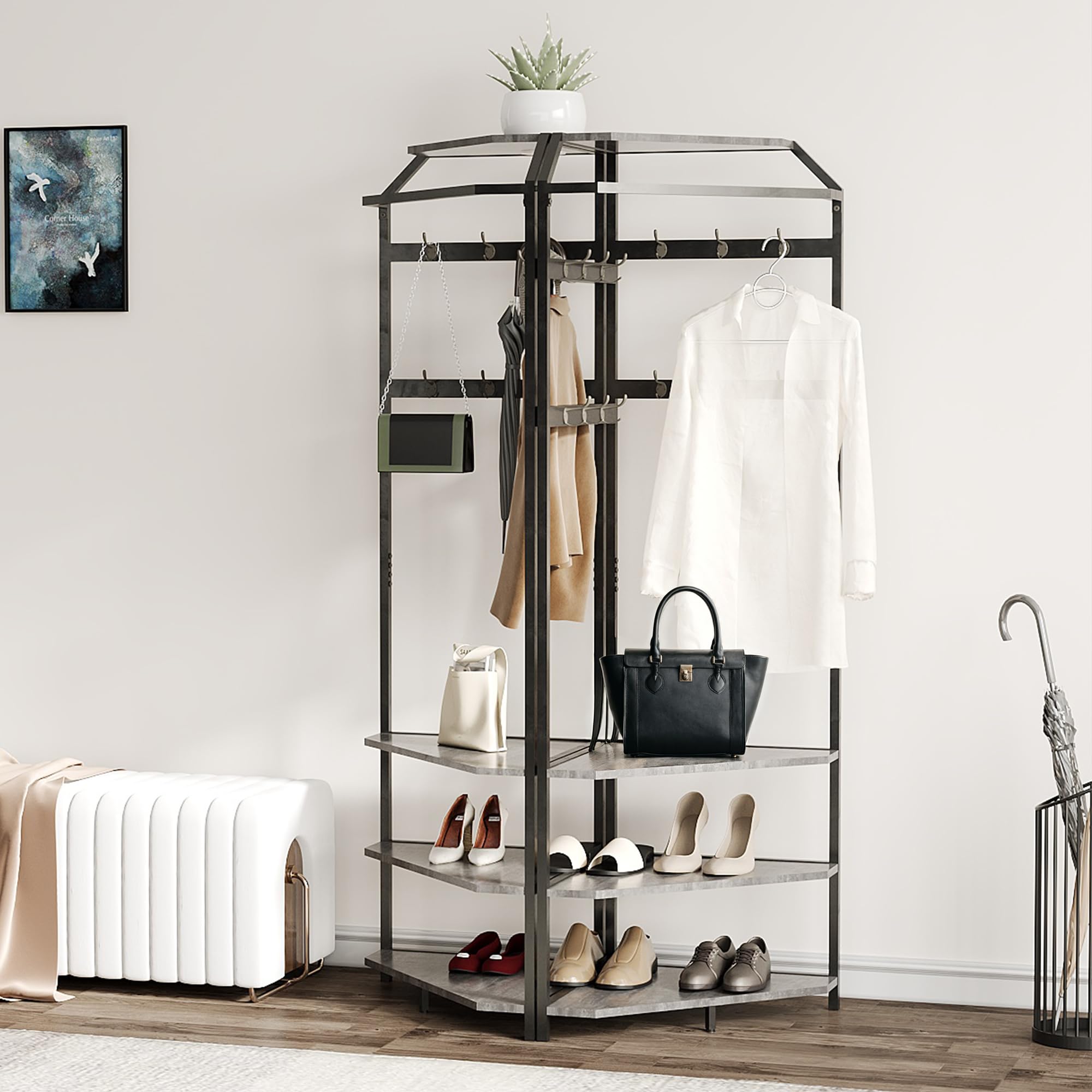 Alt View 2. Jojoka - Corner Hall Tree with Shoe Bench, 6 Double Hooks & Storage Shelves, Space-Saving 3-in-1 Coat Rack - Gray.