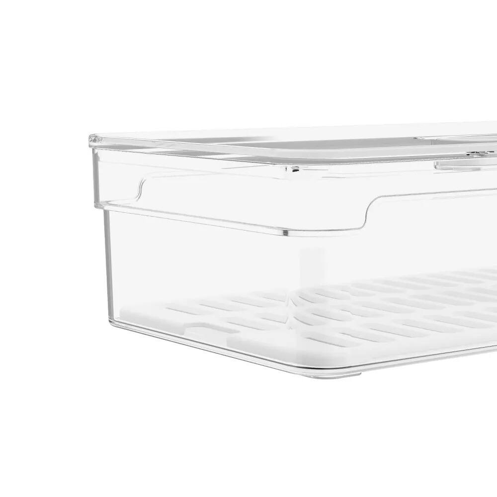 Back. OU - OU Fridge Organizer Bin with Vented Lid, Stackable Refrigerator Storage Bin, 11.8" Depth, 4 Pack - Clear.