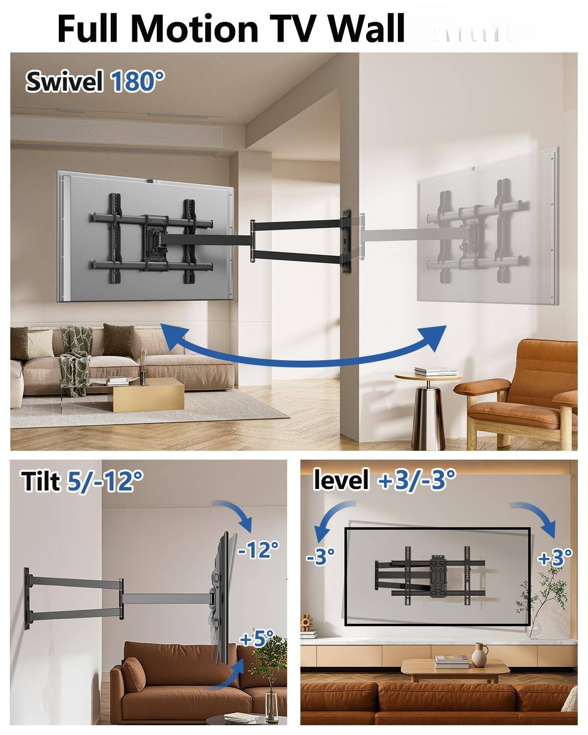 Full Motion TV Wall

Swivel 180°

Tilt 5/-12°

level +3/-3°