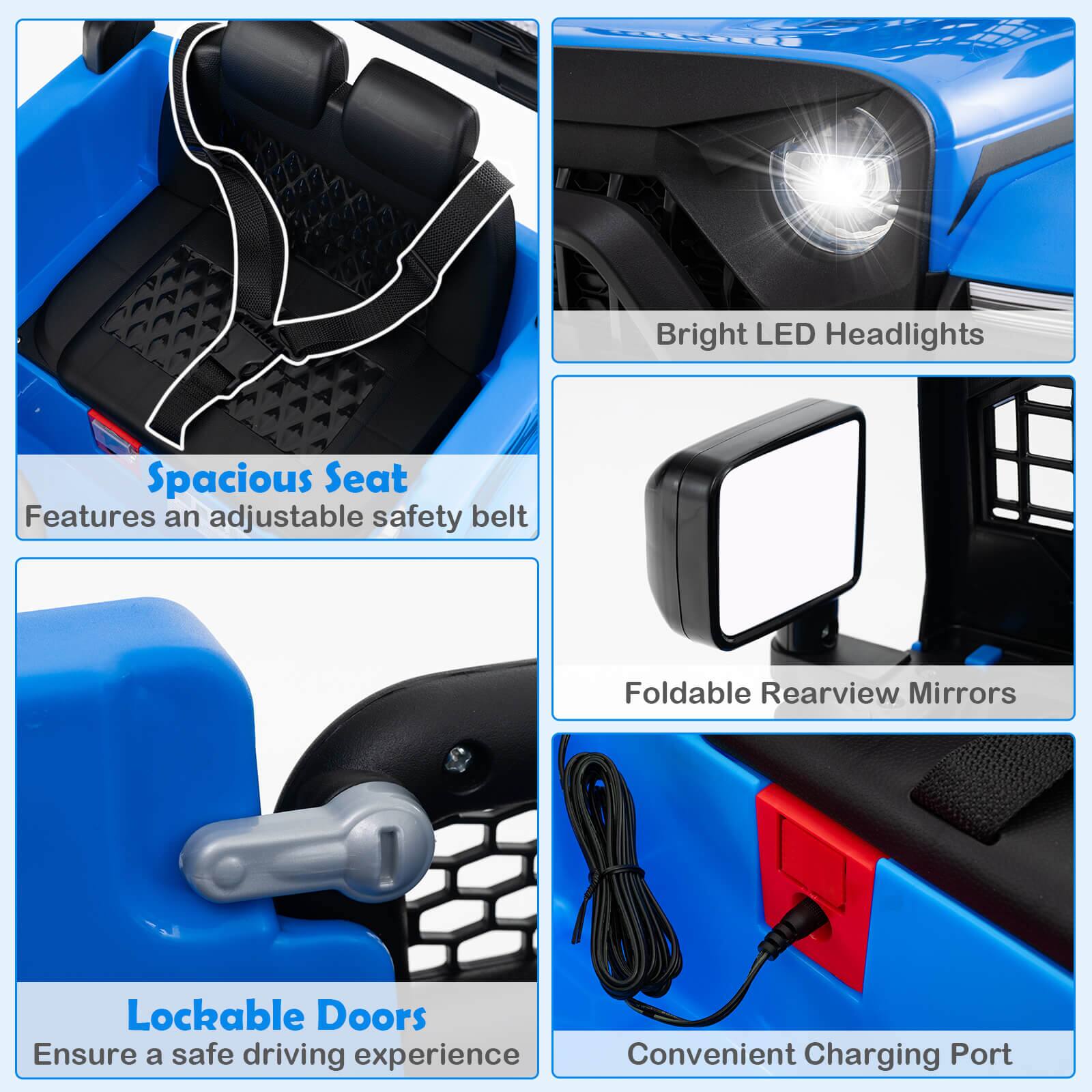 - Spacious Seat  
  Features an adjustable safety belt

- Bright LED Headlights

- Foldable Rearview Mirrors

- Lockable Doors  
  Ensure a safe driving experience

- Convenient Charging Port