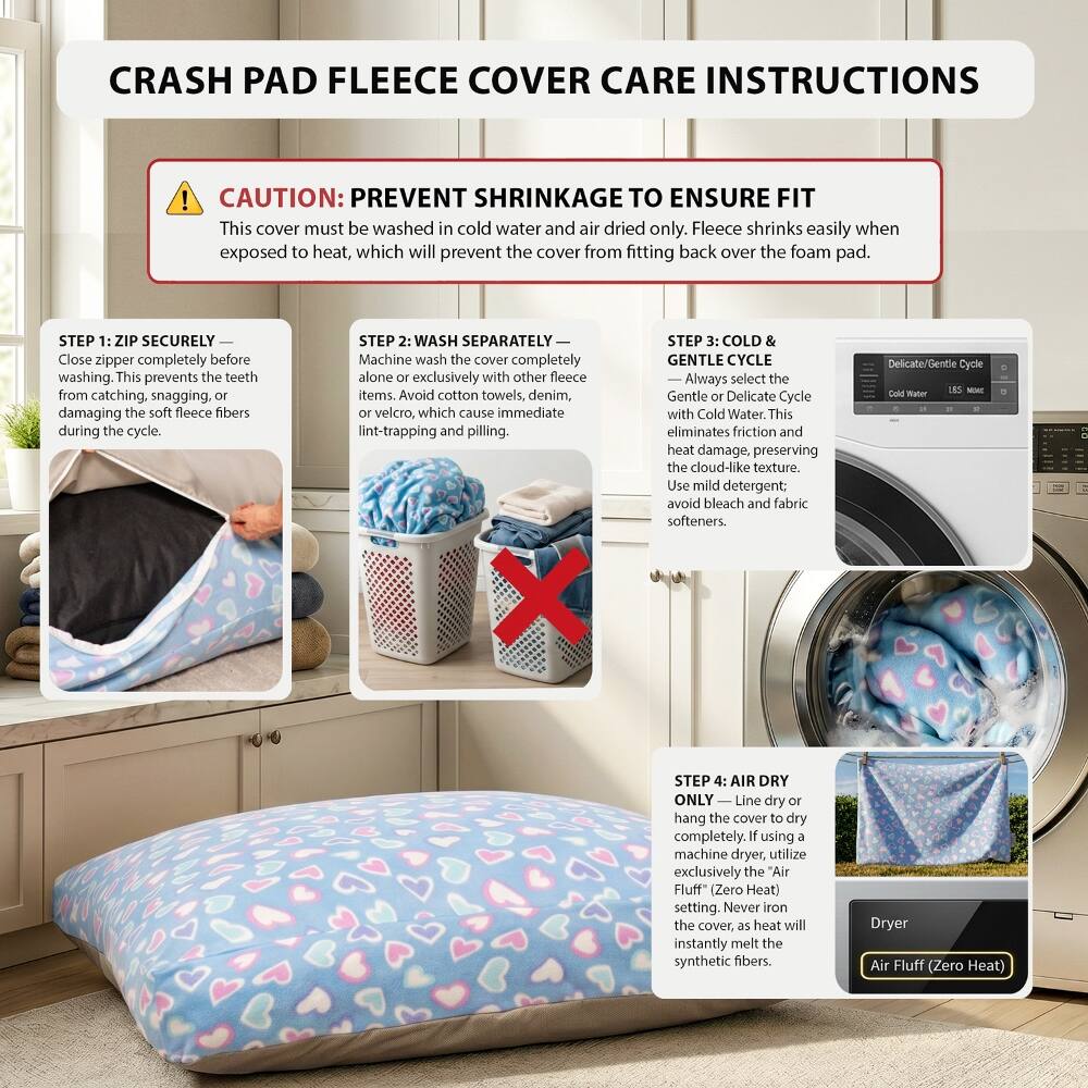 CRASH PAD FLEECE COVER CARE INSTRUCTIONS

CAUTION: PREVENT SHRINKAGE TO ENSURE FIT
This cover must be washed in cold water and air dried only. Fleece shrinks easily when exposed to heat, which will prevent the cover from fitting back over the foam pad.

STEP 1: ZIP SECURELY
Close zipper completely before washing. This prevents the teeth from catching, snagging, or damaging the soft fleece fibers during the cycle.

STEP 2: WASH SEPARATELY
Machine wash the cover completely alone or exclusively with other fleece items. Avoid cotton towels, denim, or velcro, which cause immediate lint-trapping and pilling.

STEP 3: COLD & GENTLE CYCLE
Always select the Gentle or Delicate Cycle with Cold Water. This eliminates friction and heat damage, preserving the cloud-like texture. Use mild detergent; avoid bleach and fabric softeners.

STEP 4: AIR DRY ONLY
Line dry or hang the cover to dry completely. If using a machine dryer, utilize exclusively the 'Air Fluff' (Zero Heat) setting. Never iron the cover, as heat will instantly melt the synthetic fibers.