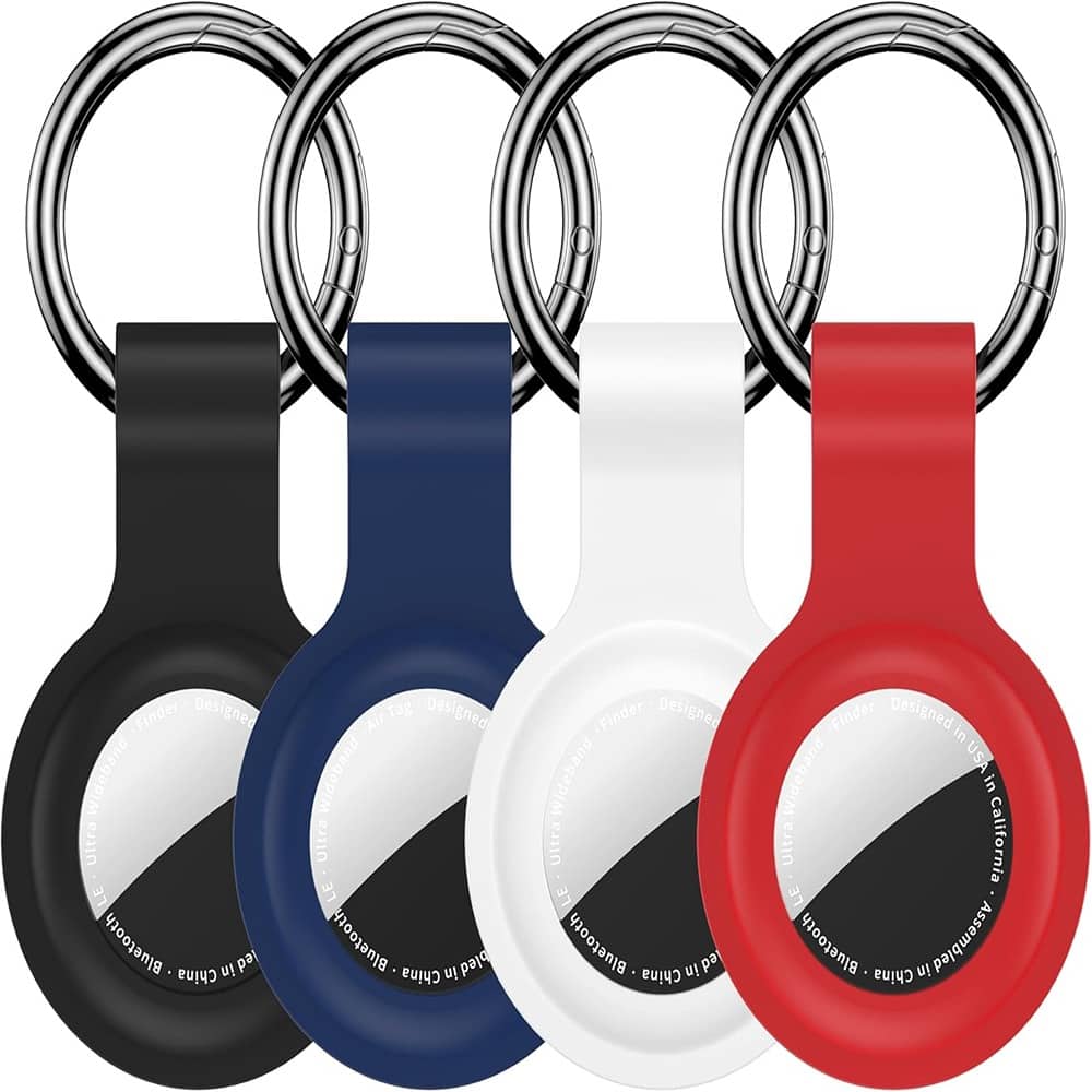 RTMB - AirTag Holder Case Keychain 4-Pack - Silicone, for Bags & Luggage - Color: Black/White/Blue/Red