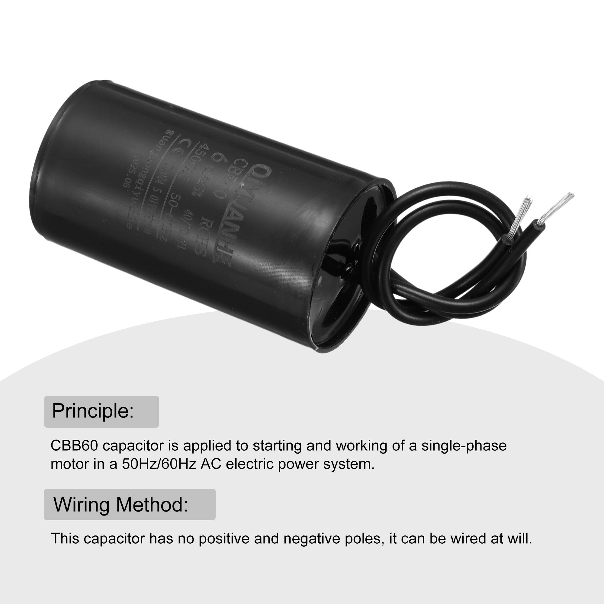 guanguongqi 9 9 90 025 onggi 024 4504AC 0 CB0 5 yuazbe 017/2529 50-603z 40/20/21 QIYUANHE

Principle: CBB60 capacitor is applied to starting and working of a single-phase motor in a 50Hz/60Hz AC electric power system.

Wiring Method: This capacitor has no positive and negative poles, it can be wired at will.