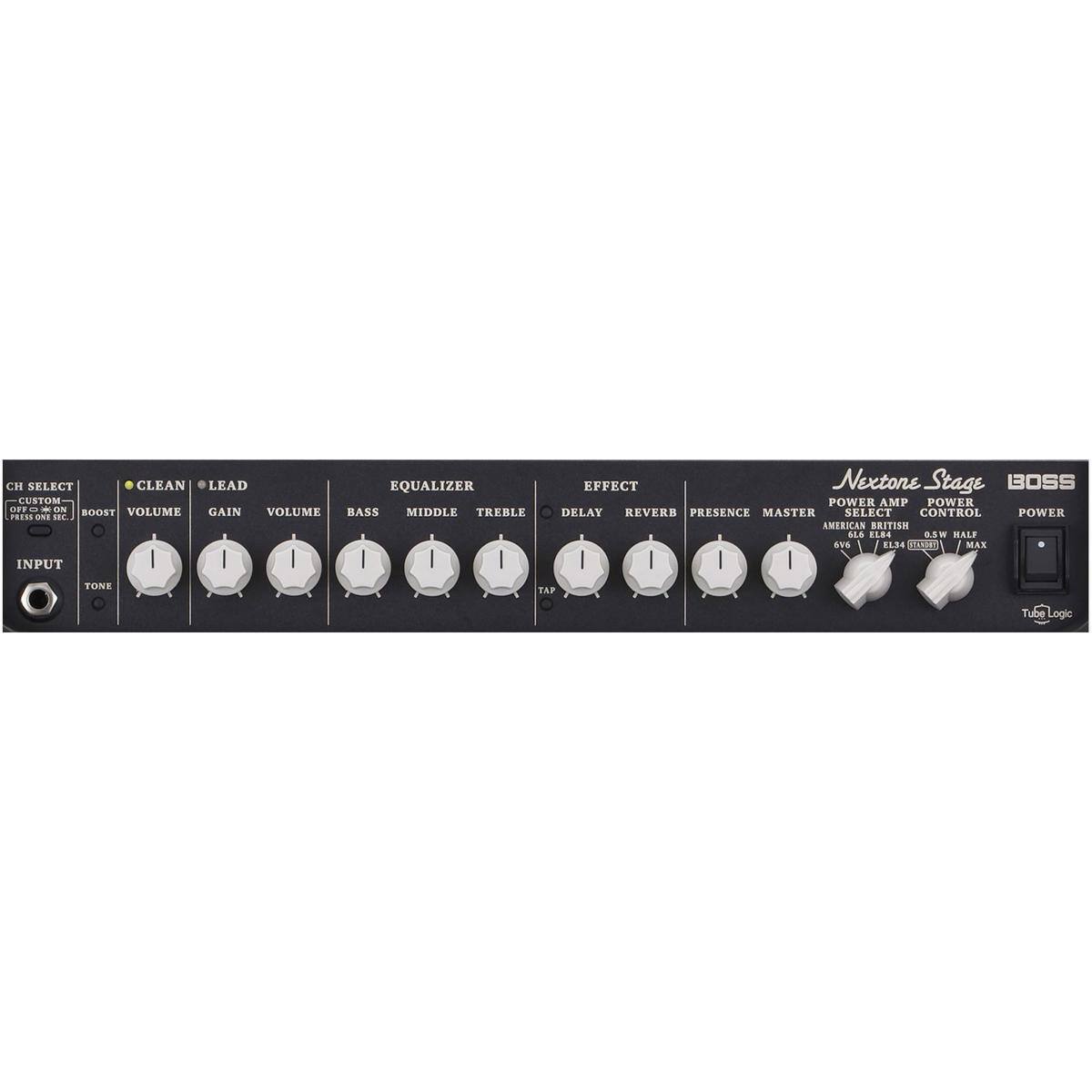 CH SELECT  
CLEAN | LEAD  
VOLUME  
GAIN  
VOLUME  
BASS  
MIDDLE  
TREBLE  

EQUALIZER  
EFFECT  
DELAY  
REVERB  
PRESENCE  
MASTER  

POWER AMP  
POWER CONTROL  
AMERICAN BRITISH  
0.5W HALF  
14 1184  

INPUT  
TONE  

Nextone Stage  
BOSS  
Tube Logic