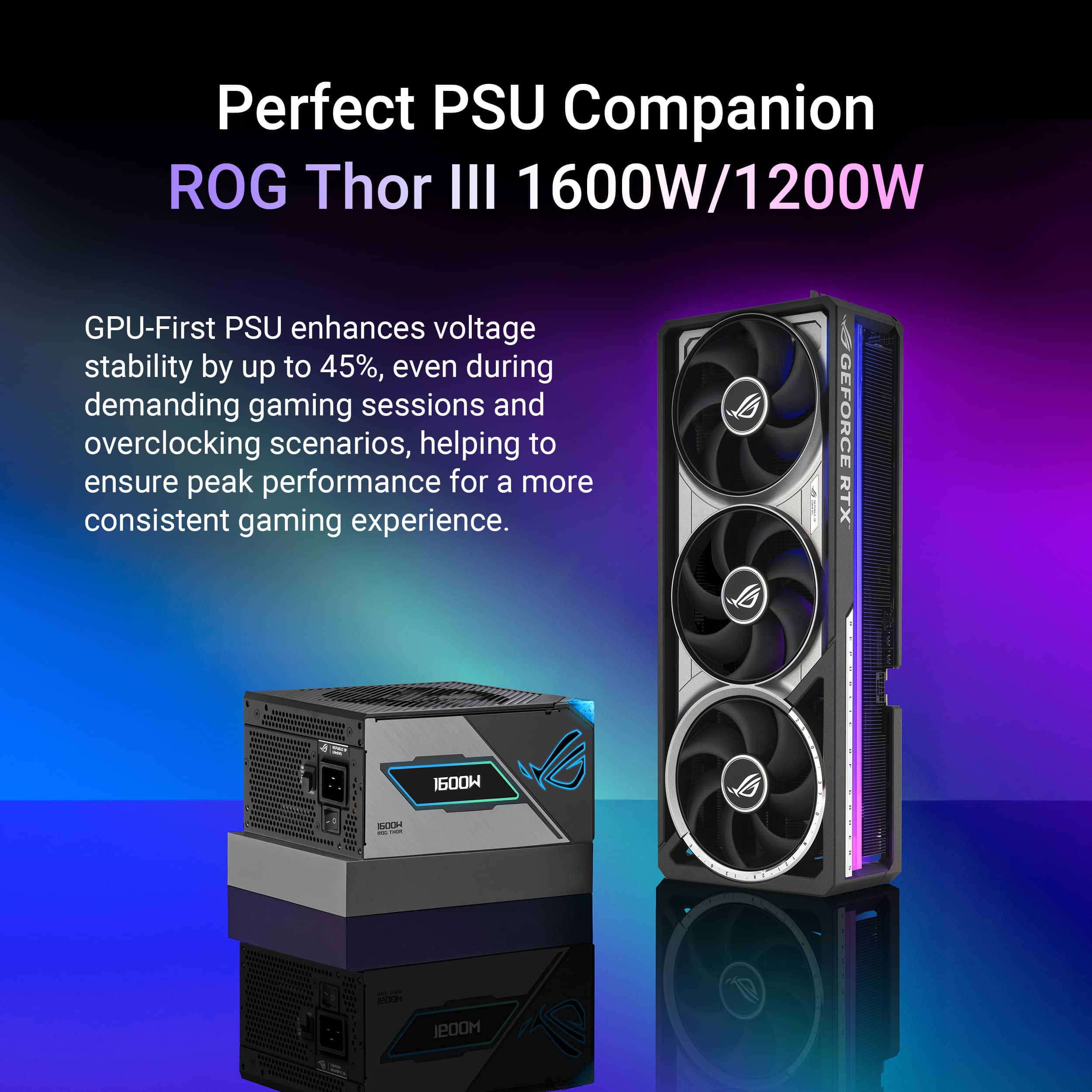 Perfect PSU Companion ROG Thor III 1600W/1200W GPU-First PSU enhances voltage stability by up to 45%, even during demanding gaming sessions and overclocking scenarios, helping to ensure peak performance for a more consistent gaming experience. GEFORCE RTX 2080 Ti - 1600H - ... HLAR - - IPOOM