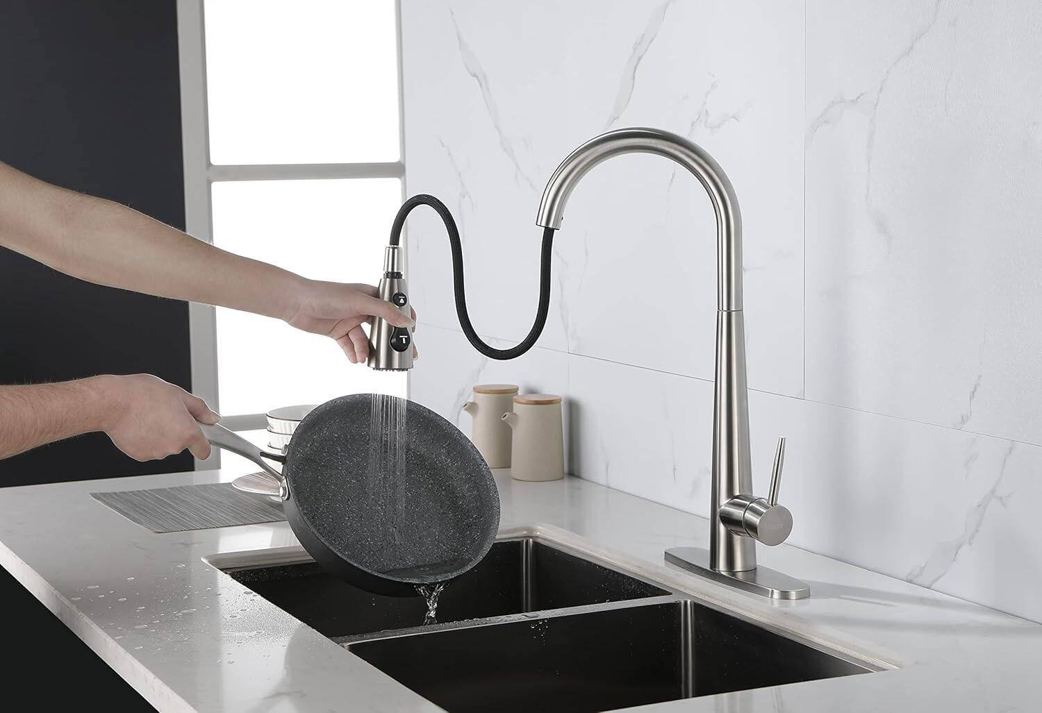 Back. MOOSOO - Kitchen Faucets with Pull Down Sprayer Kitchen Sink Faucet with Pull Out Sprayer Single Hole Deck Mount Single Handle - Silver.