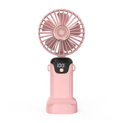 Front. Cluzine - Pink Mini Handheld Portable Fan with Digital Display, Phone Stand Base,Rechargeable for Travel.