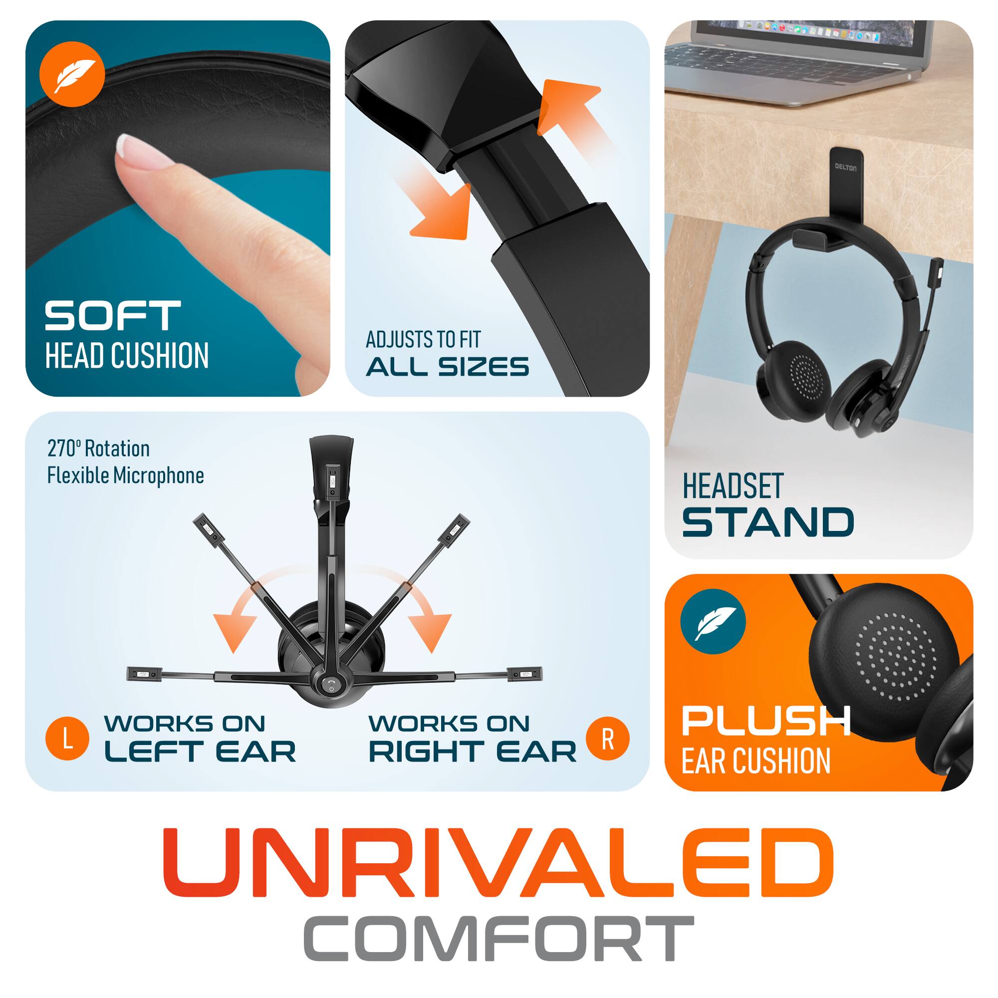 SOFT HEAD CUSHION ADJUSTS TO FIT ALL SIZES 270 Rotation Flexible Microphone HEADSET STAND WORKS ON L LEFT EAR WORKS ON R RIGHT EAR PLUSH EAR CUSHION UNRIVALED COMFORT