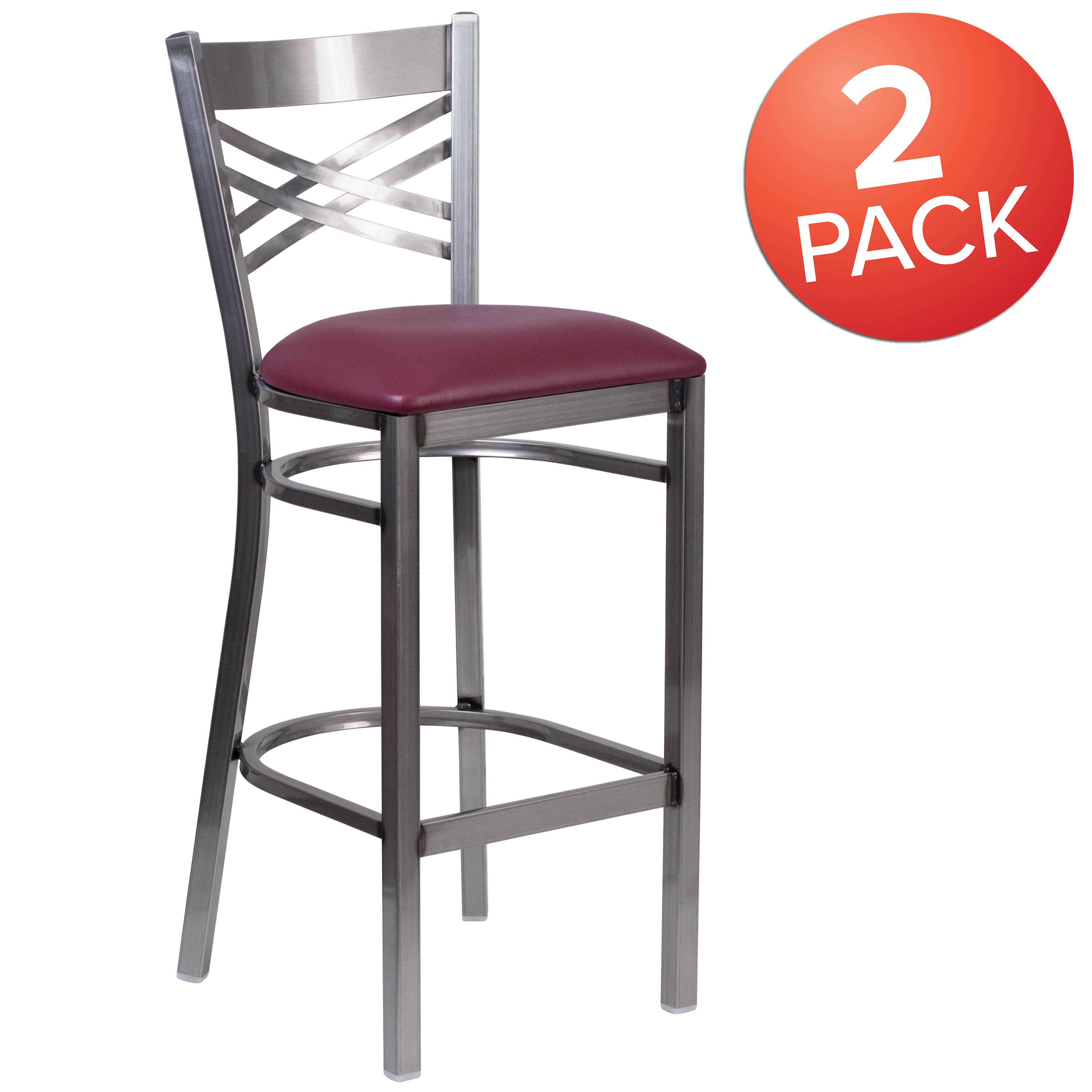 Alt View 1. Emma + Oliver - 2 Pack Clear Coated "X" Back Metal Restaurant Barstool - Burgundy Vinyl Seat/Clear Coated Metal Frame.