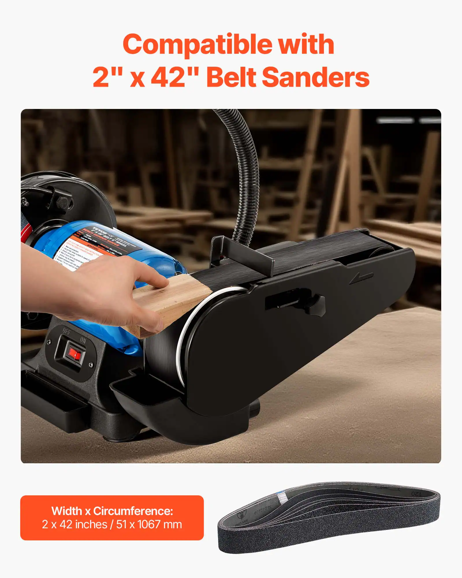 Compatible with 2" x 42" Belt Sanders

Width x Circumference: 2 x 42 inches / 51 x 1067 mm