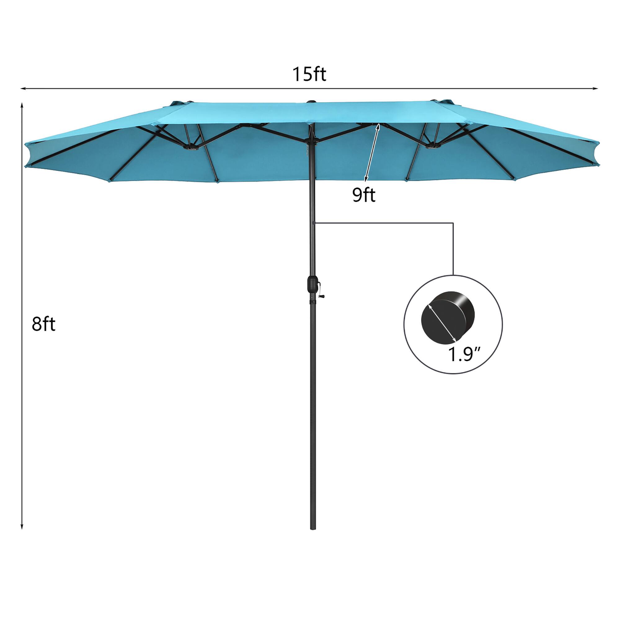 The text on the image reads: "15ft 9ft 8ft 1.9" which indicates the height of the pole supporting the umbrella.