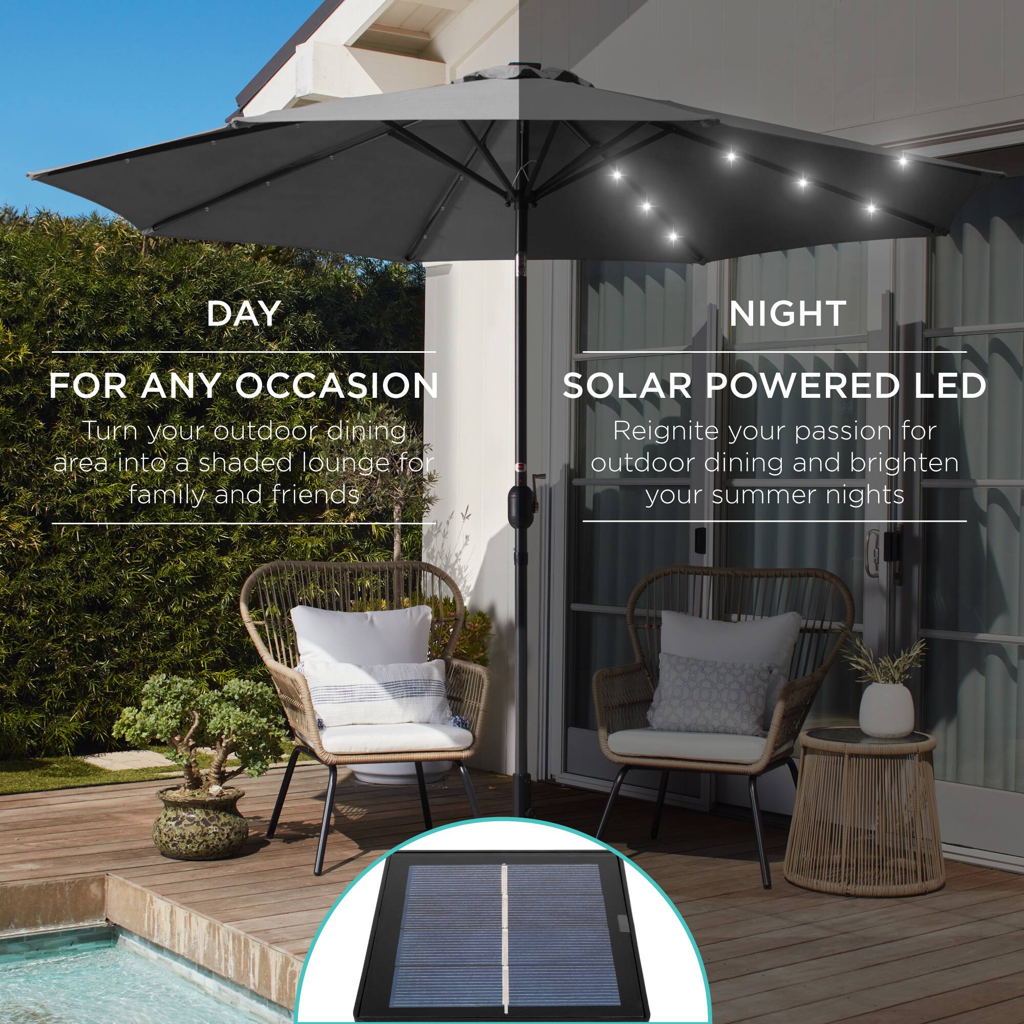 **DAY**

FOR ANY OCCASION

Turn your outdoor dining area into a shaded lounge for family and friends

**NIGHT**

SOLAR POWERED LED

Reignite your passion for outdoor dining and brighten your summer nights