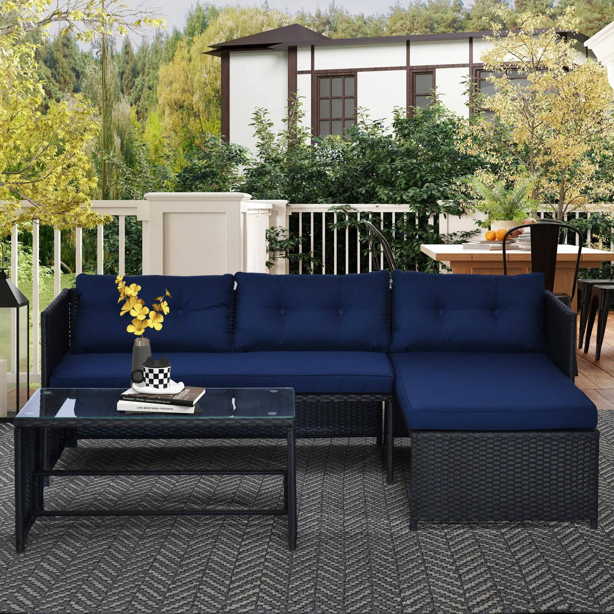 Angle. Spaco - Spaco 3PC PE Rattan Sectional Set, Chaise Loveseat Ottoman, Deep Cushion - Blue.