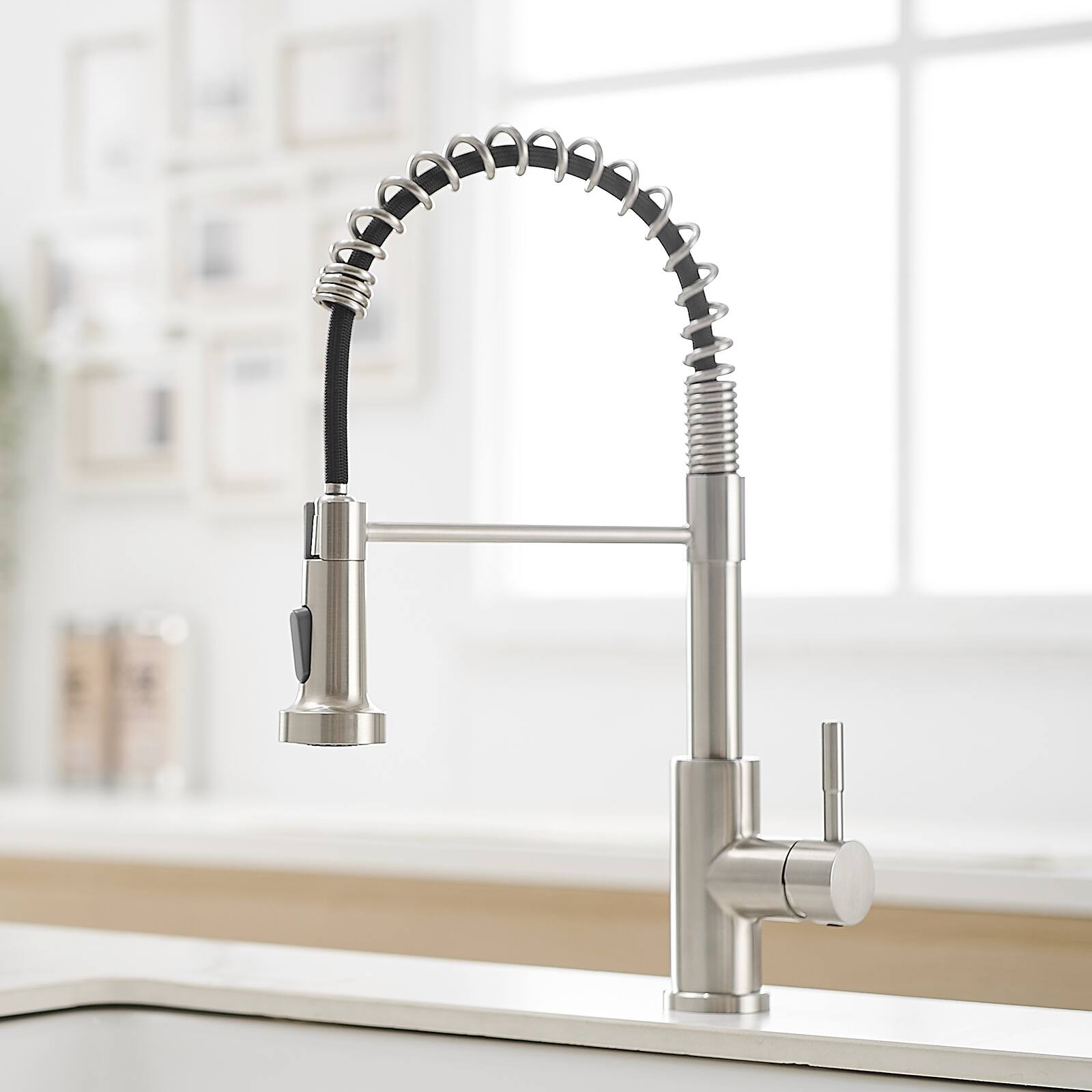 Angle. TinyHomie - Kitchen Faucet Pull Down Sprayer Brushed Nickel Stainless Steel Single Handle Spring - white.