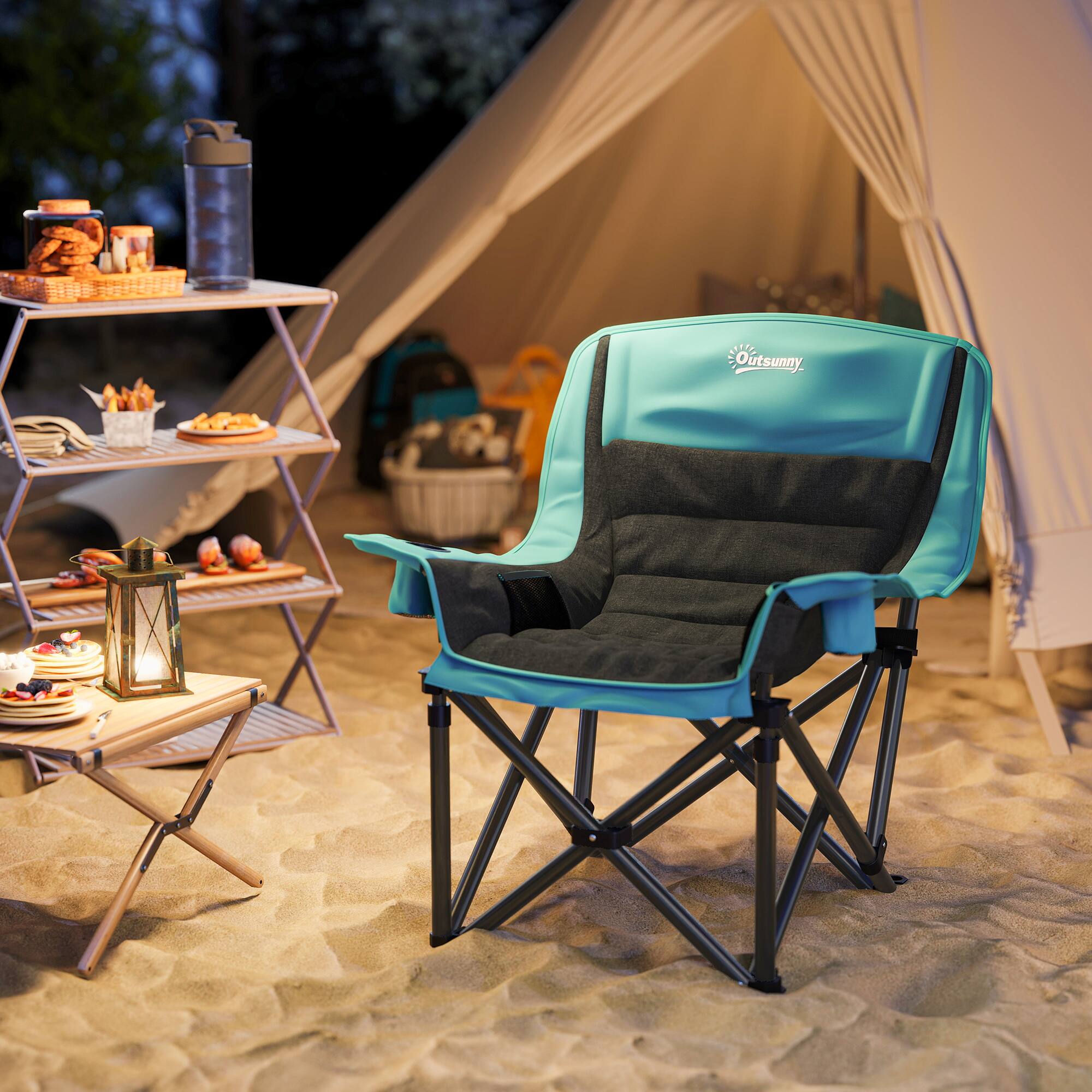 Alt View 1. Outsunny - Chair for Adults, Portable Folding Camping Chair w/ Side Pockets, Cup Holders, Carry Bag - Black.
