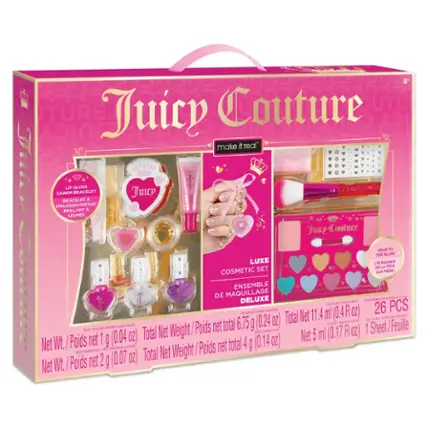 Juicy Couture Makeup Set

* Charm Bracelet
* Brillant Lip Gloss
* Head to Toe Glamour
* Luxe L'Elgance De La Tte Cosmetic Set
* De Luxe 26 PCS
* Total Net Weight: 11.4 ml (0.4 oz)
* 1 Sheet/Feuille 1 (0.04 OZ)
* Total Net 5 ml (0.17 OZ)
* Net Wt. Poids net total 4 g (0.14 Oz)
* Pour 1 Caps Poids net 2 (0.07 OZ)
* Total Net Wt. Poids g net total 6.75 g (0.24 OZ)