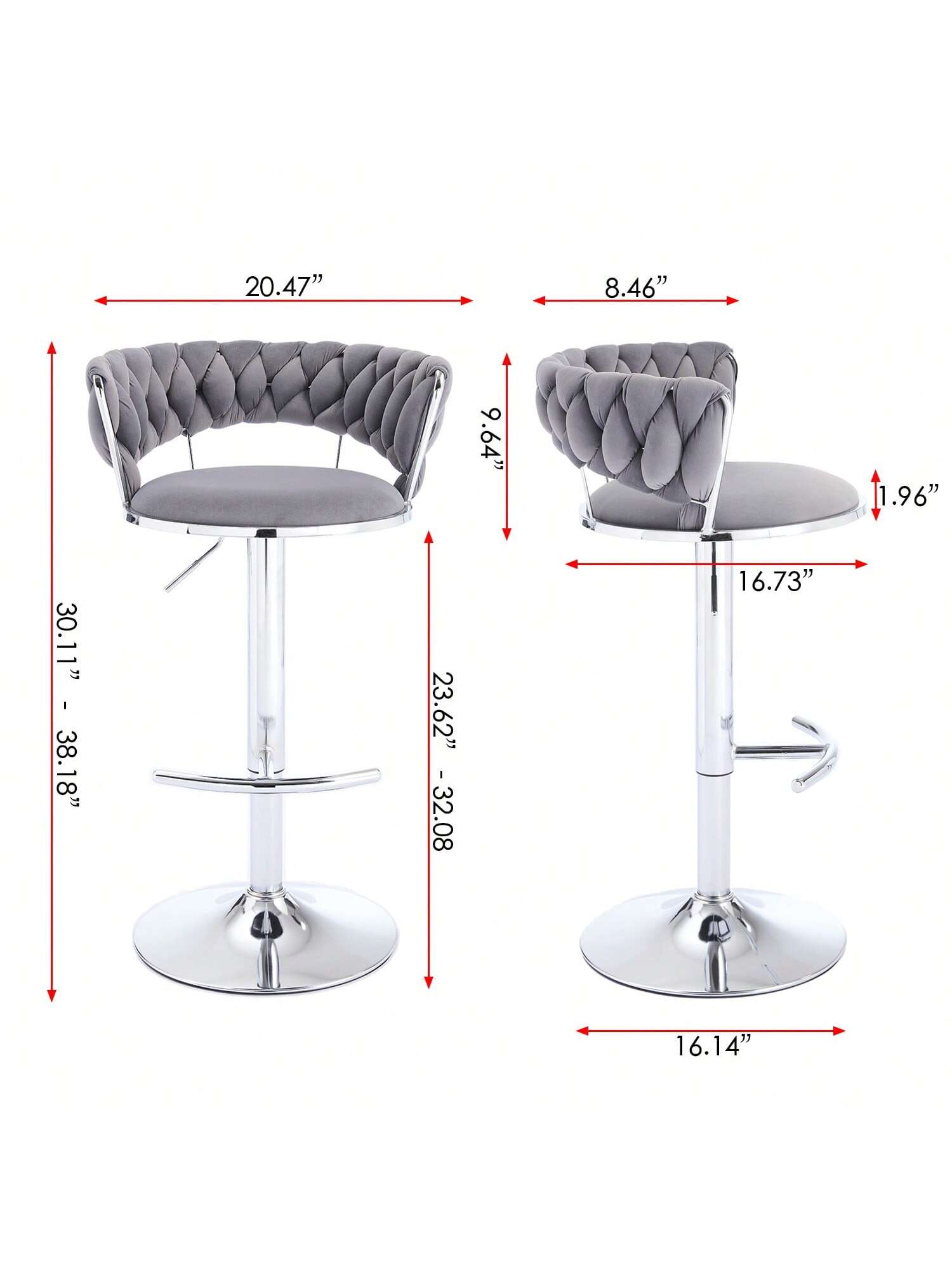 20.47"  
8.46"  
9.64"  
1.96"  
30.11" - 38.18"  
23.62" - 32.08"  
16.73"  
16.14"